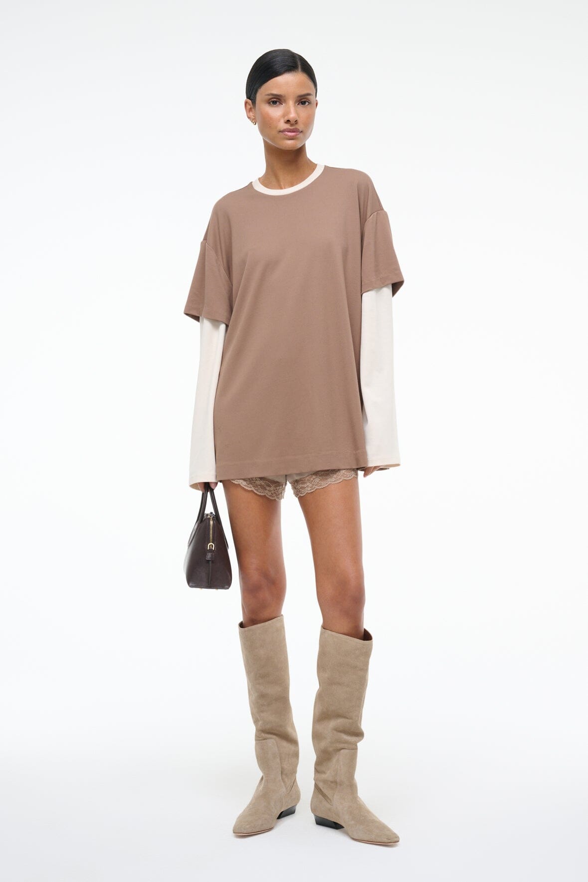 Oversized Long Sleeve Tee with Contrast Rib | William Taupe Ecru