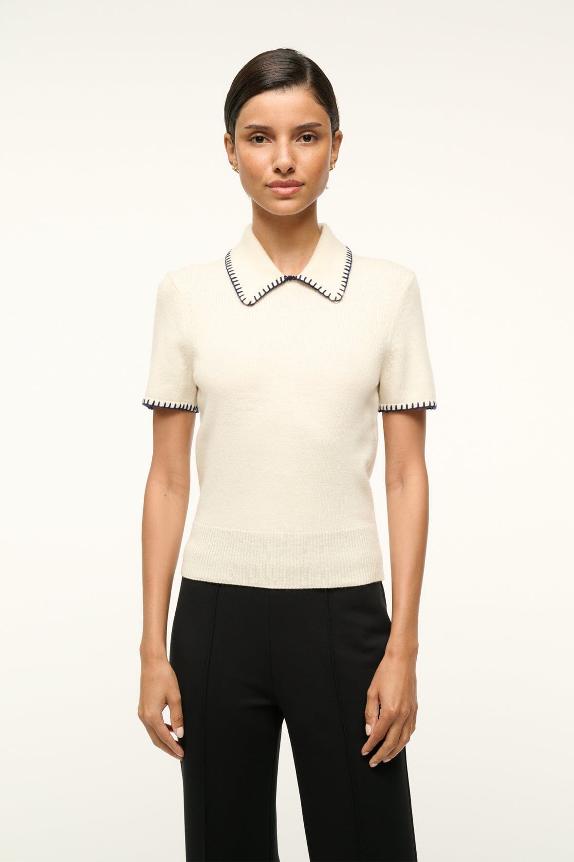 Wool Blend Knit Windsor Top with Contrast Stitching | Ivory Navy
