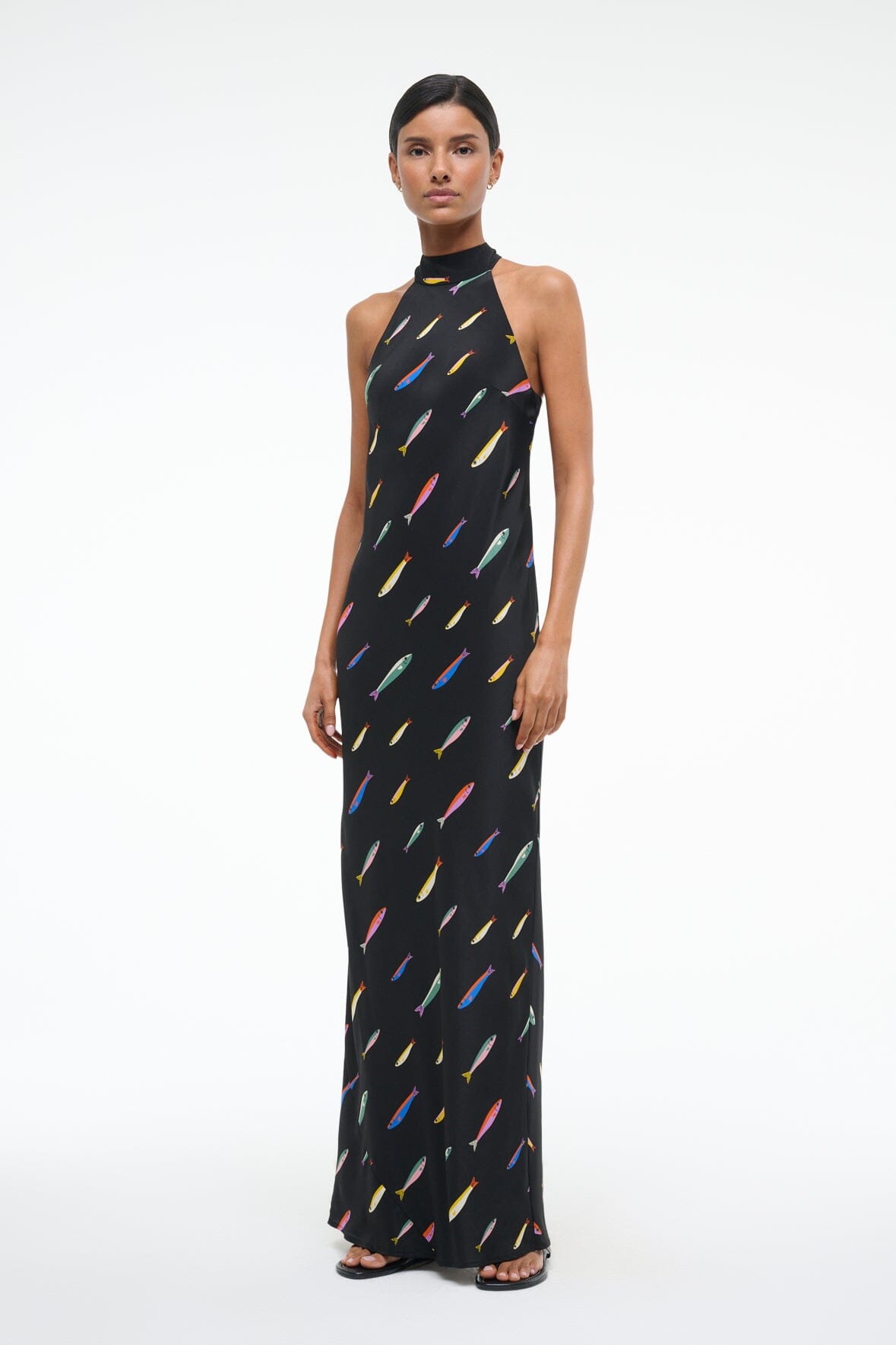 Silk Maxi Dress with Halter Neck & Back Slit | Winnie Pop Sardines Black