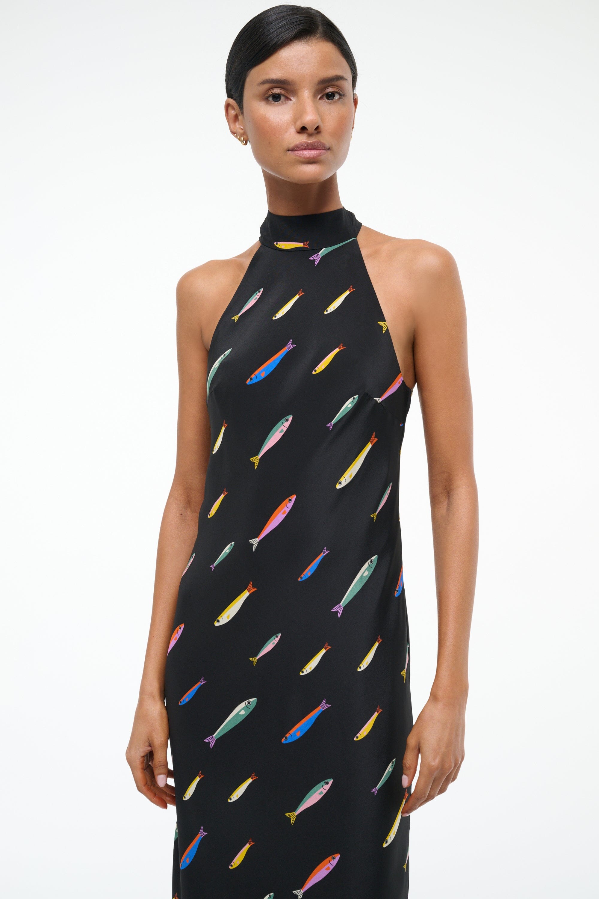 Silk Maxi Dress with Halter Neck & Back Slit | Winnie Pop Sardines Black