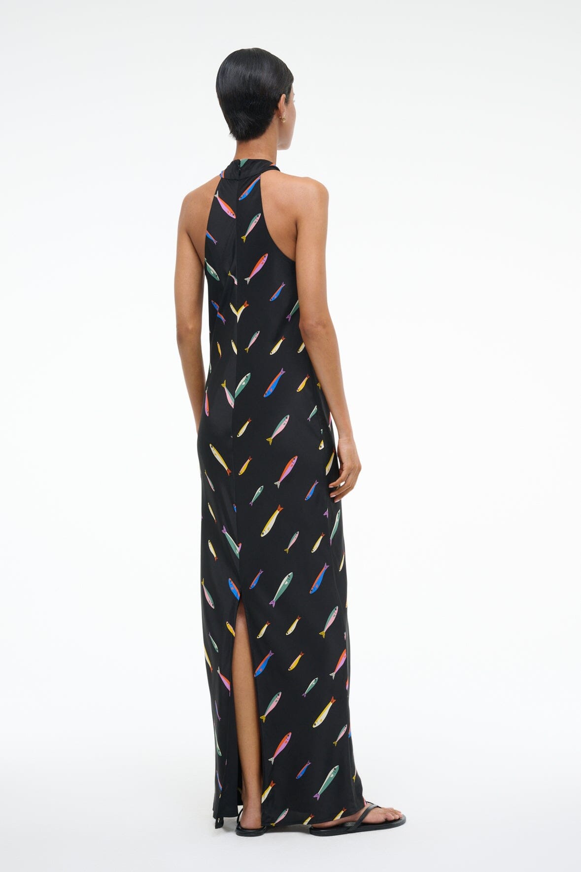 Silk Maxi Dress with Halter Neck & Back Slit | Winnie Pop Sardines Black
