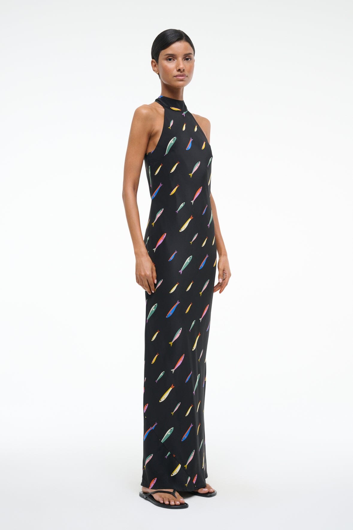 Silk Maxi Dress with Halter Neck & Back Slit | Winnie Pop Sardines Black