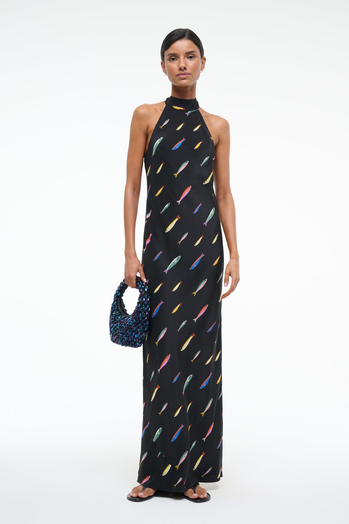 Silk Maxi Dress with Halter Neck & Back Slit | Winnie Pop Sardines Black