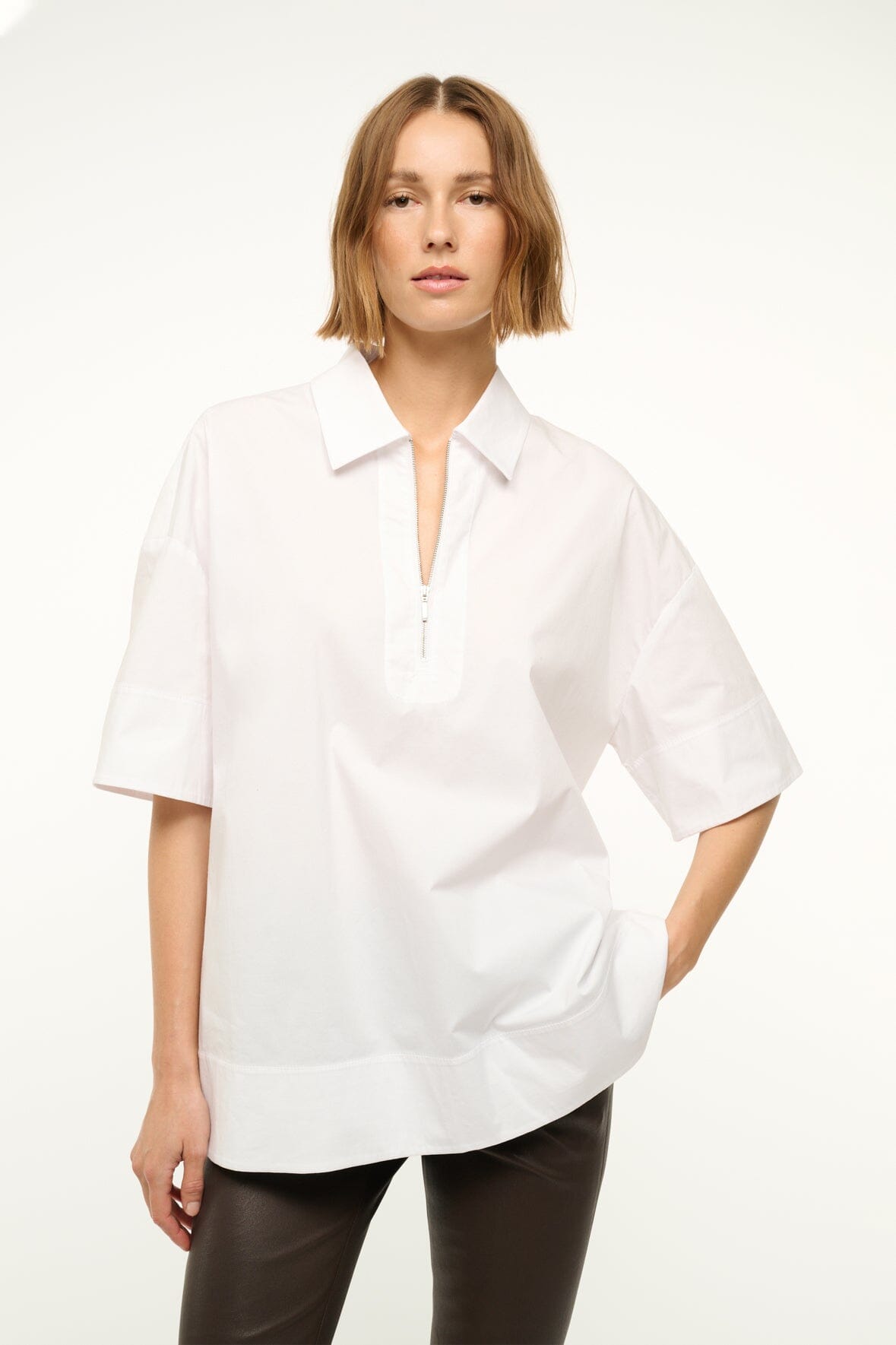 Oversized Polo Shirt with 1/4 Zip Detail | Yvette Top in White