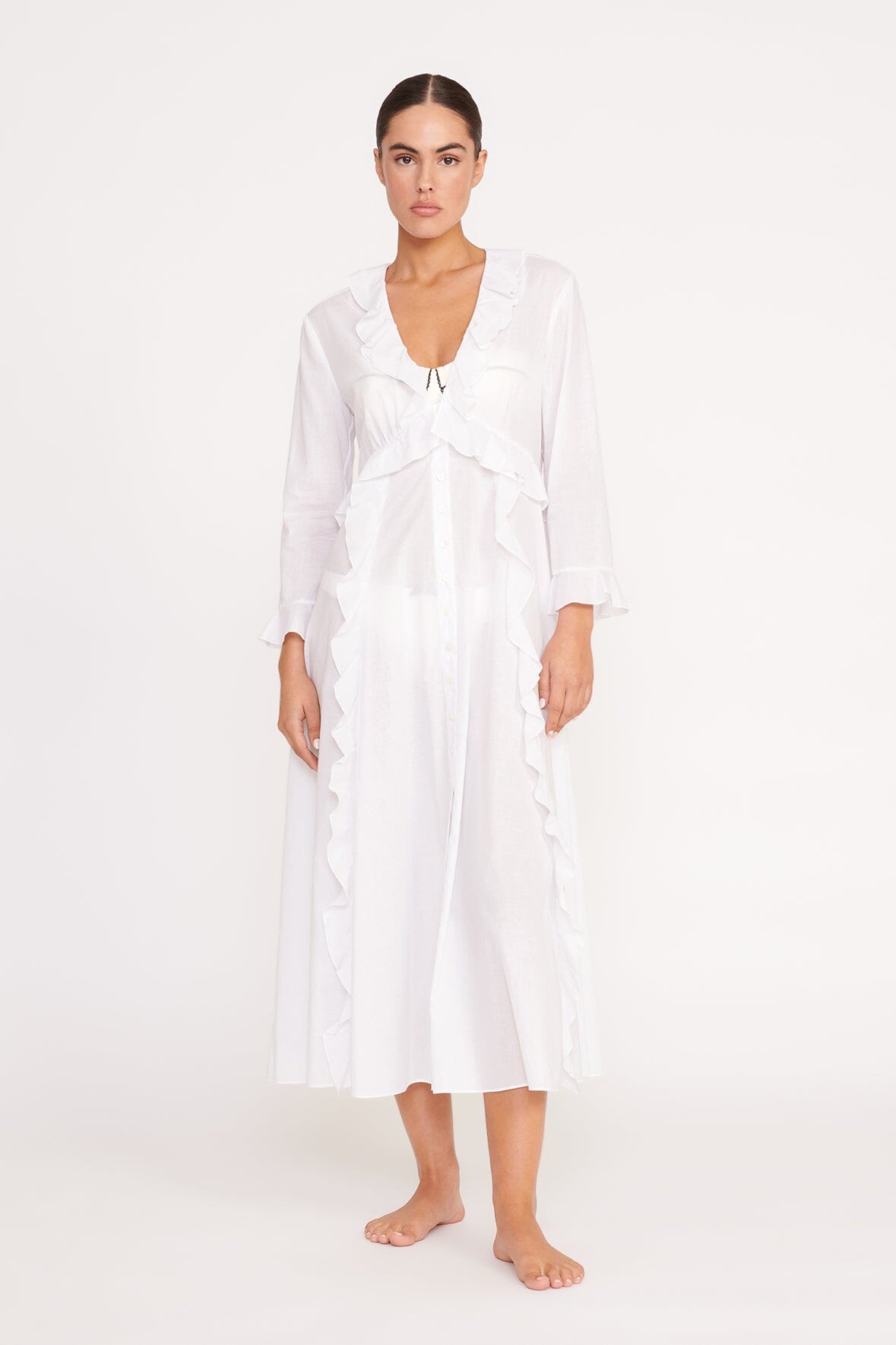 White Cotton Voile Zion Dress with Ruffles | Swim Coverup