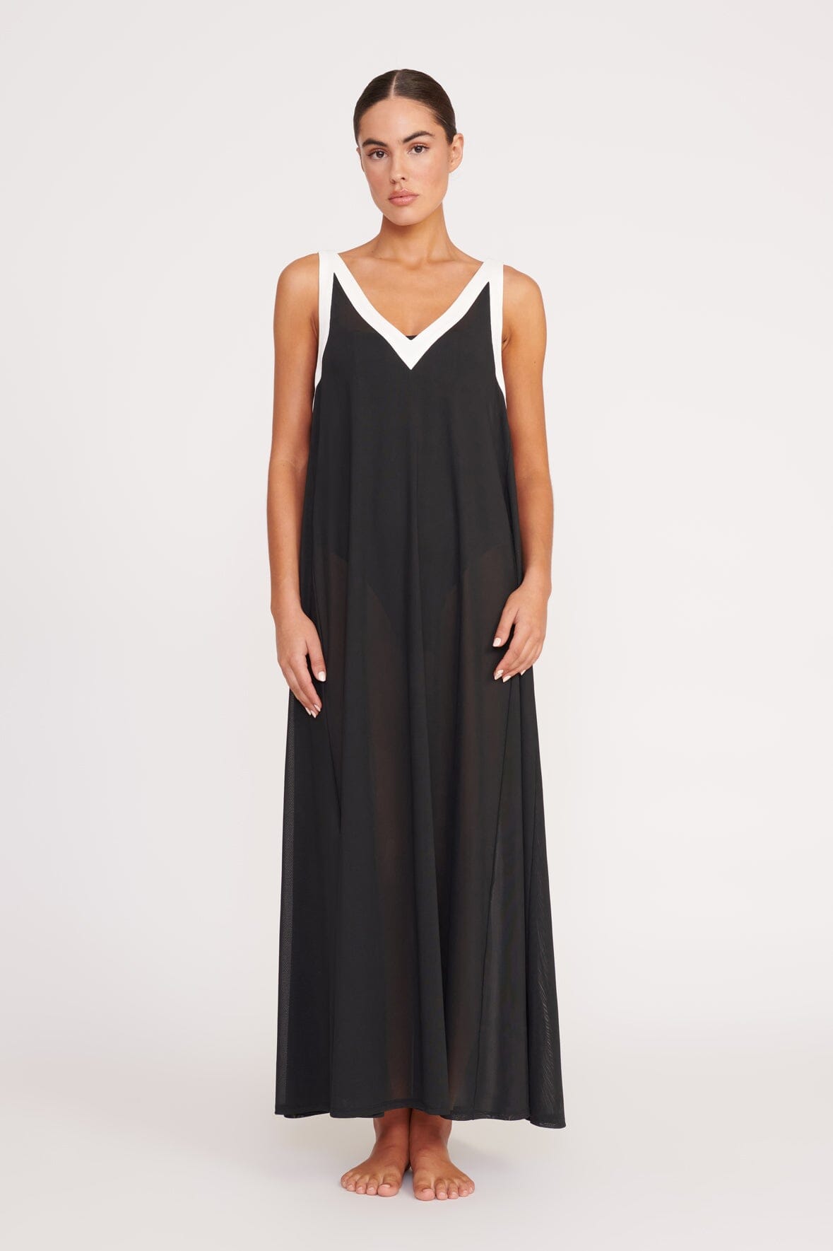 Stretchy Power Mesh Coverup Dress with V-Neck | Aveline Black White