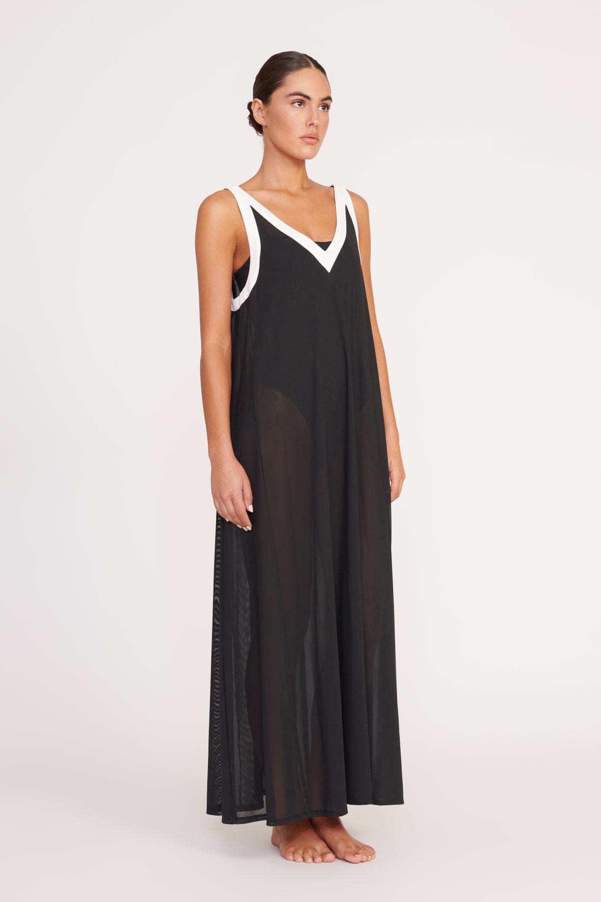 Stretchy Power Mesh Coverup Dress with V-Neck | Aveline Black White