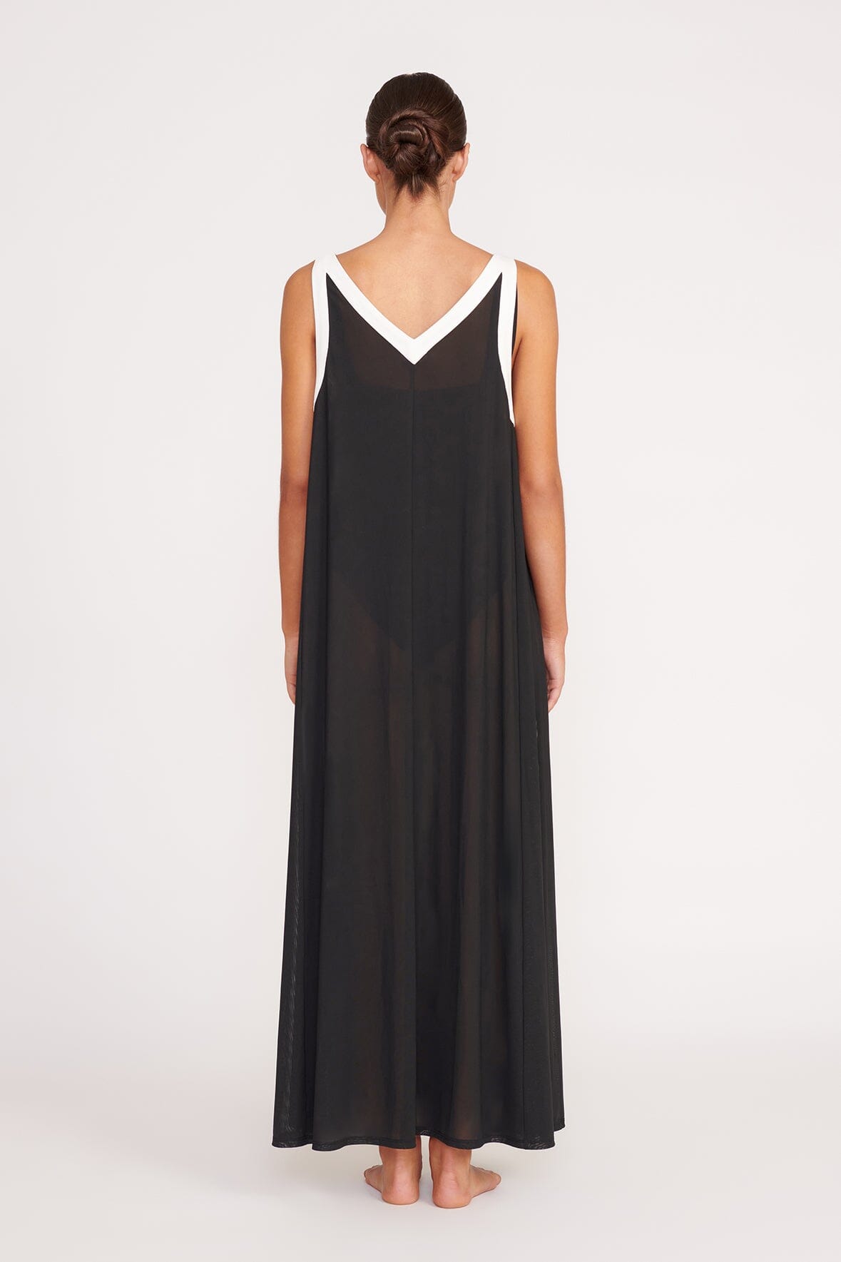 Stretchy Power Mesh Coverup Dress with V-Neck | Aveline Black White