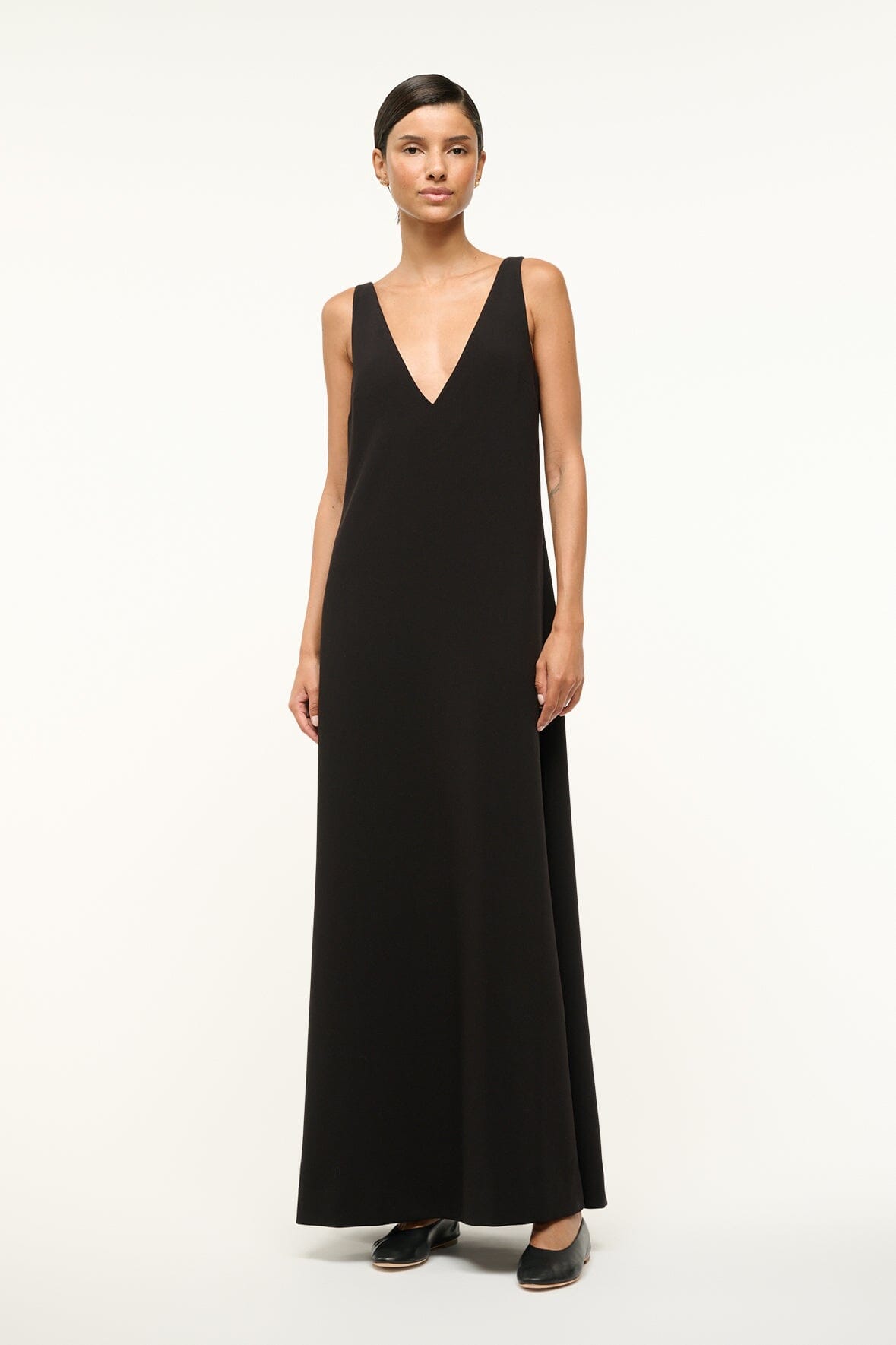 Deep V Maxi Dress in Black | Zora Minimalist Crepe Dress