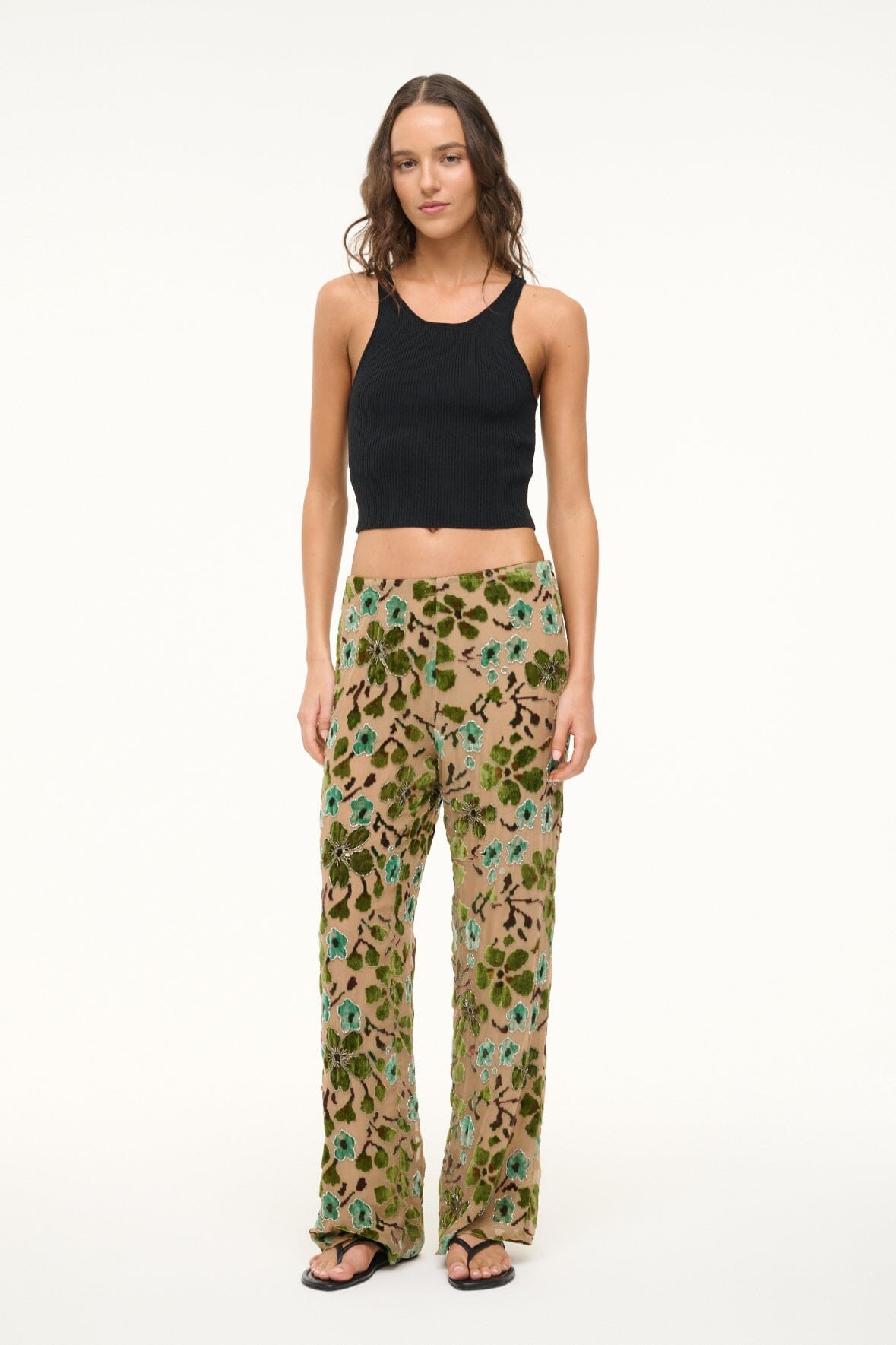 Beaded Velvet Pants with Side Zipper & Elastic Waist | Avola Moss Floral