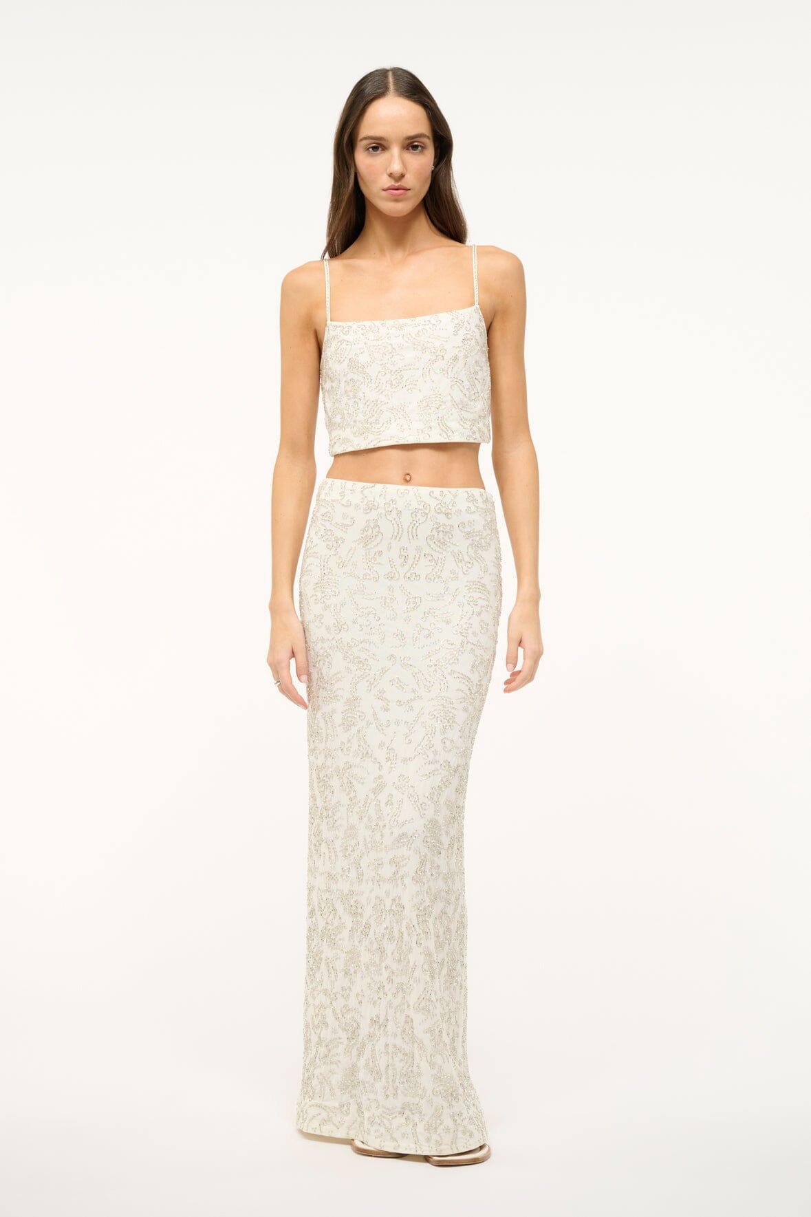 Hand-Beaded Ivory Maxi Skirt with Back Slit | Barletta