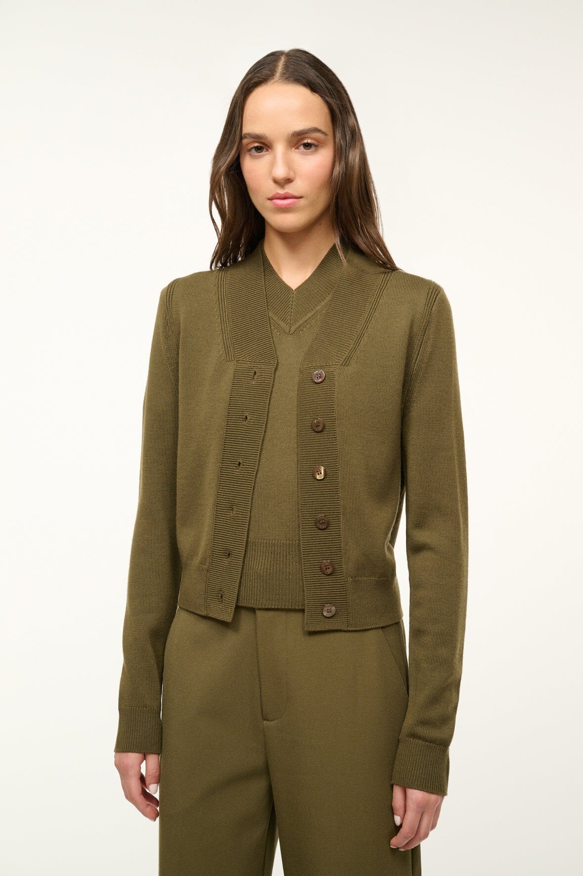 Merino Wool Cardigan with V Neckline & Ribbed Details | Baxter
