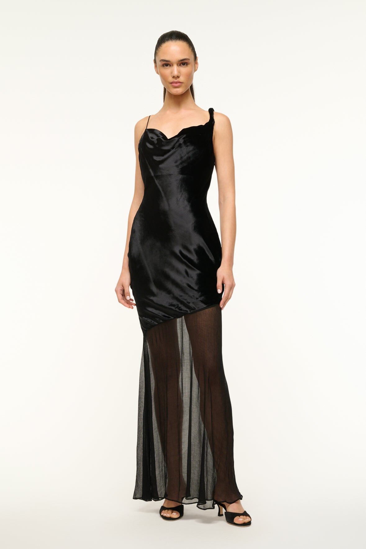 Asymmetrical Maxi Dress with Velvet Bodice & Sheer Skirt | Beaton