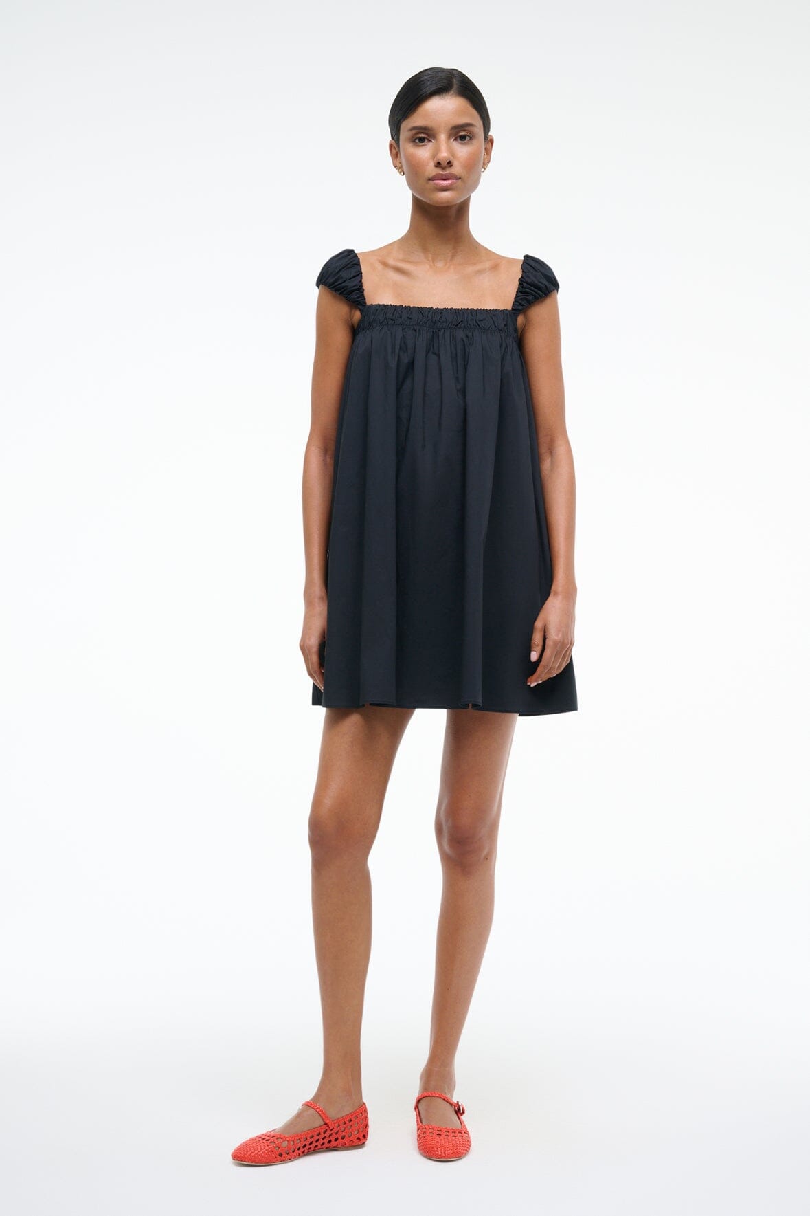 Black Mini Babydoll Dress with Ruched Details | Beau