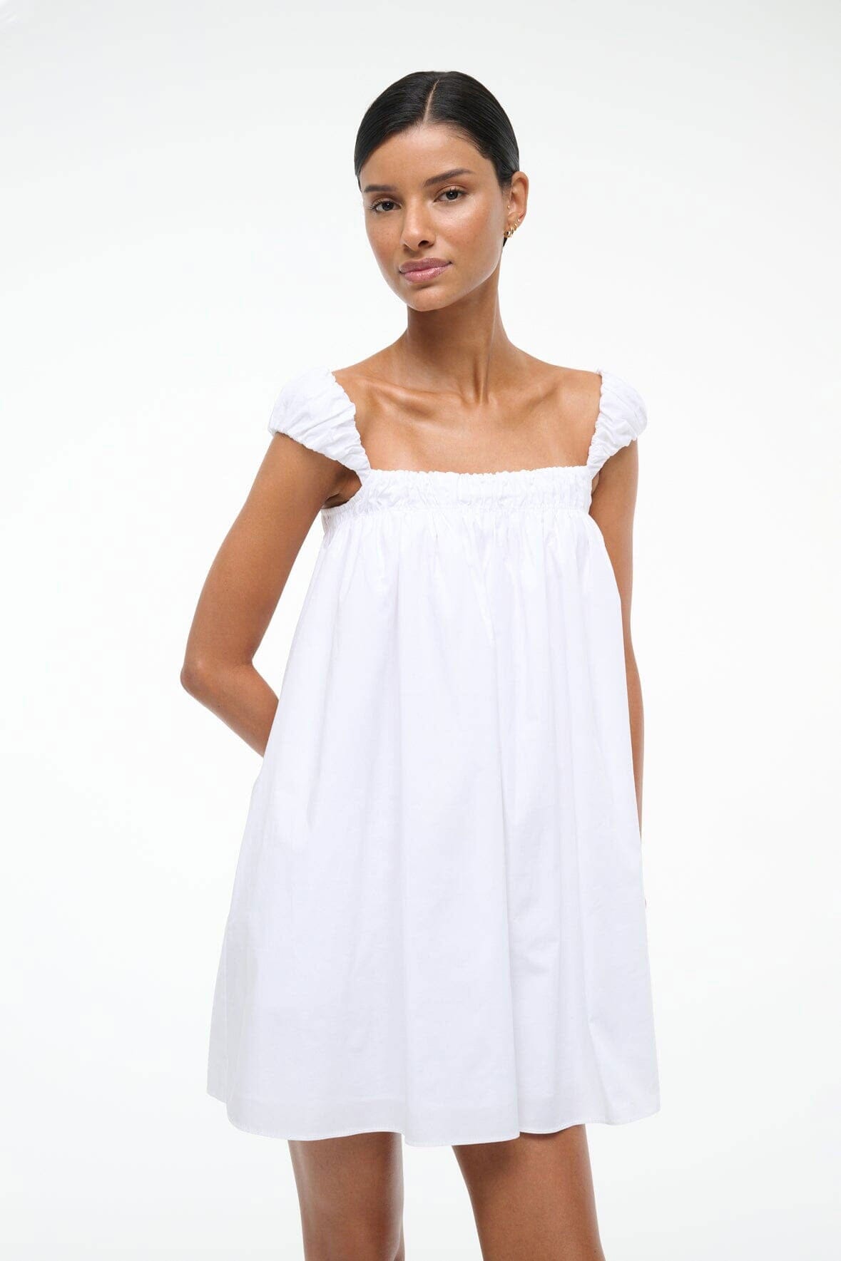 White Mini Babydoll Dress with Ruched Details | Beau