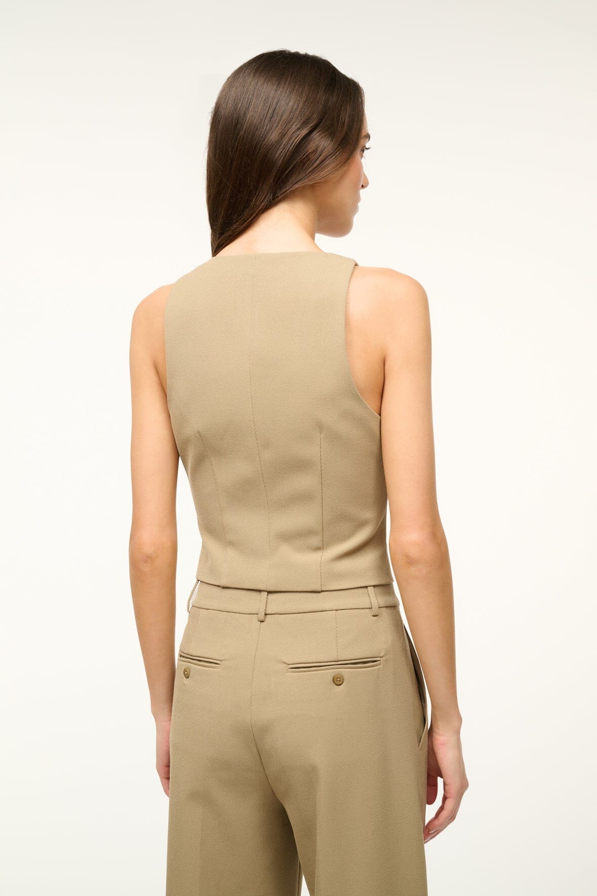 Fitted Stretch Twill Suiting Vest with Hook & Eye Closures | Bevel Top