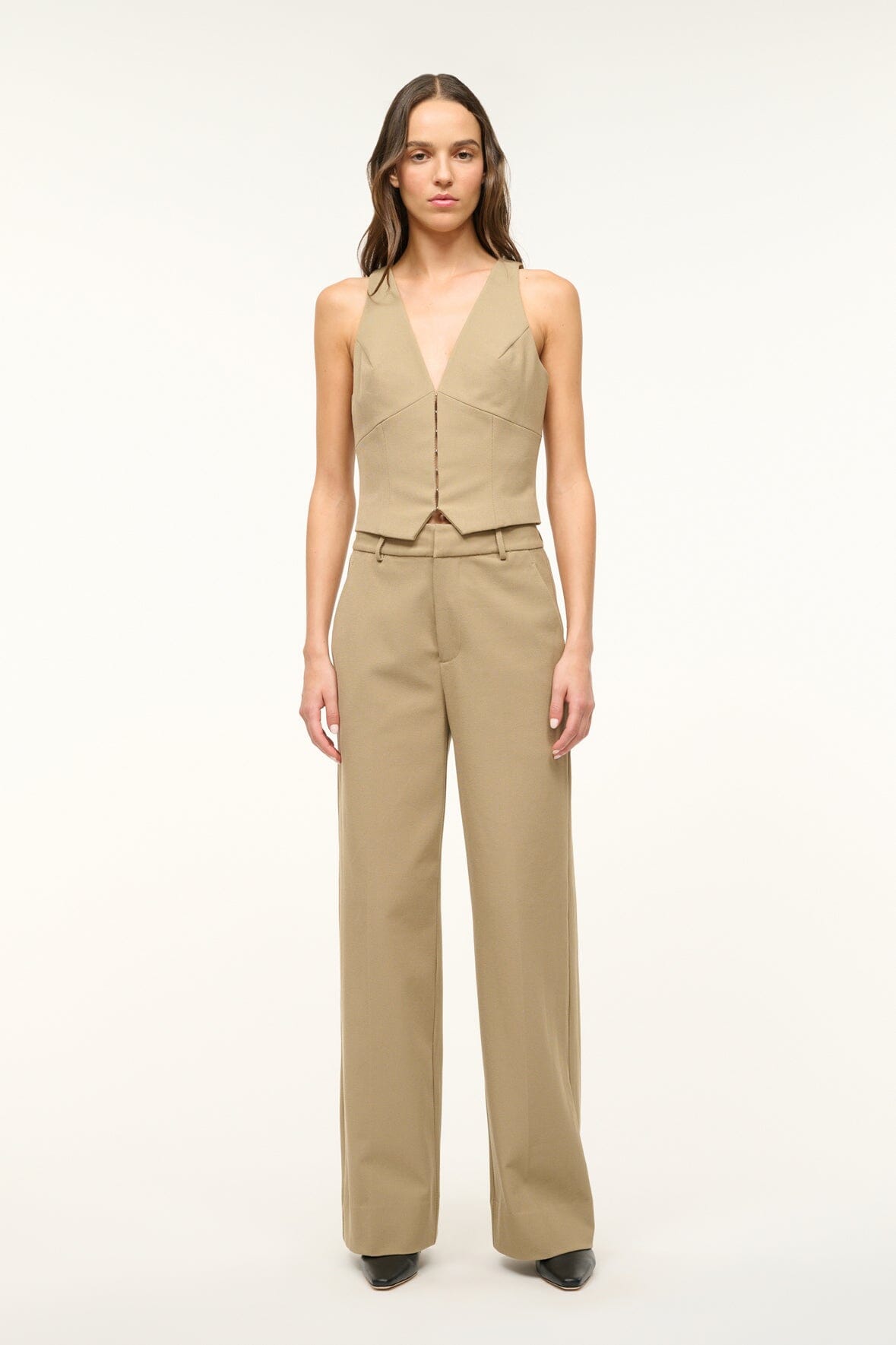 Fitted Stretch Twill Suiting Vest with Hook & Eye Closures | Bevel Top