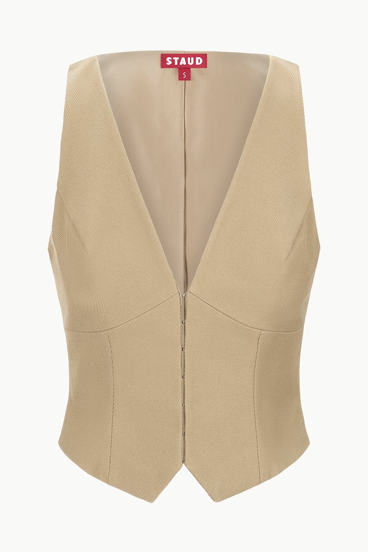 Fitted Stretch Twill Suiting Vest with Hook & Eye Closures | Bevel Top