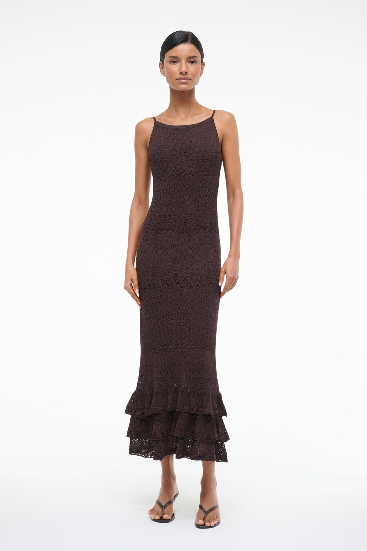 Pointelle Knit Midi Dress with Sheer Skirt & Ruffles | Bliss Earth