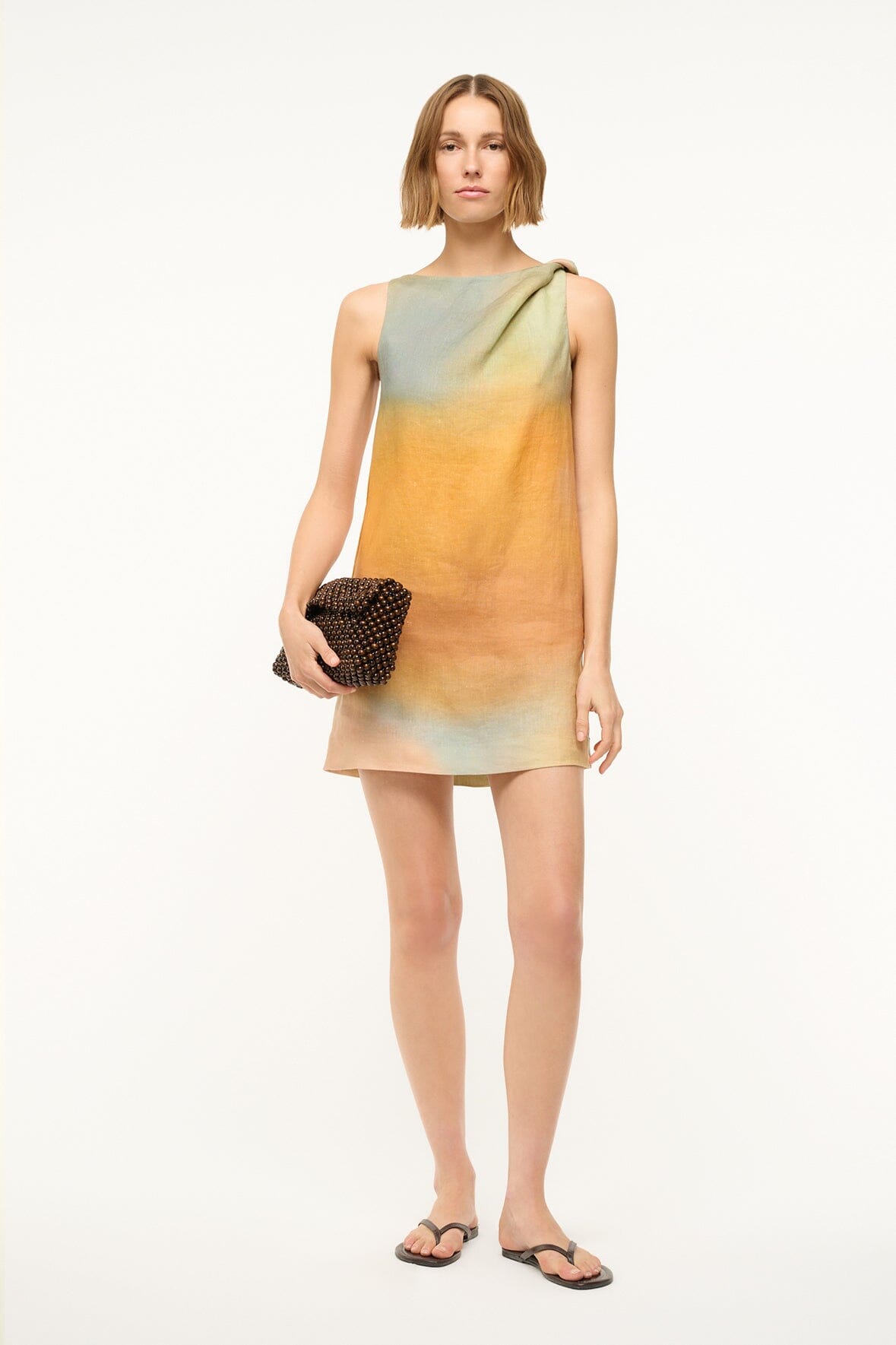 Linen Mini Dress with Boat Neck & Shoulder Twist | Pastel Clouds