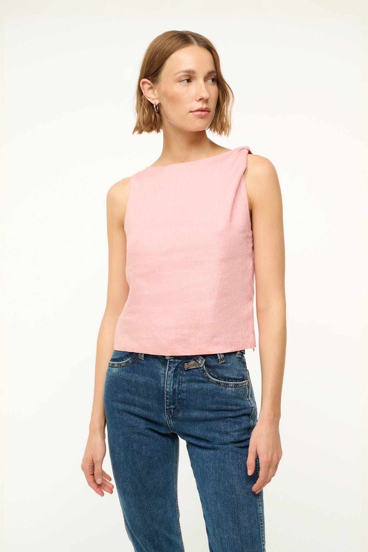 Boat Neck Linen Top with Shoulder Twist Detail | BOA Faded Blush