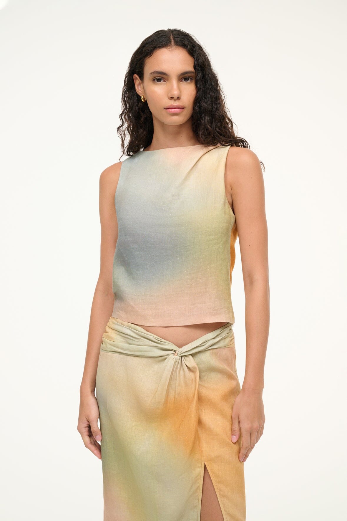 Boat Neck Linen Top with Shoulder Twist Detail | Pastel Clouds