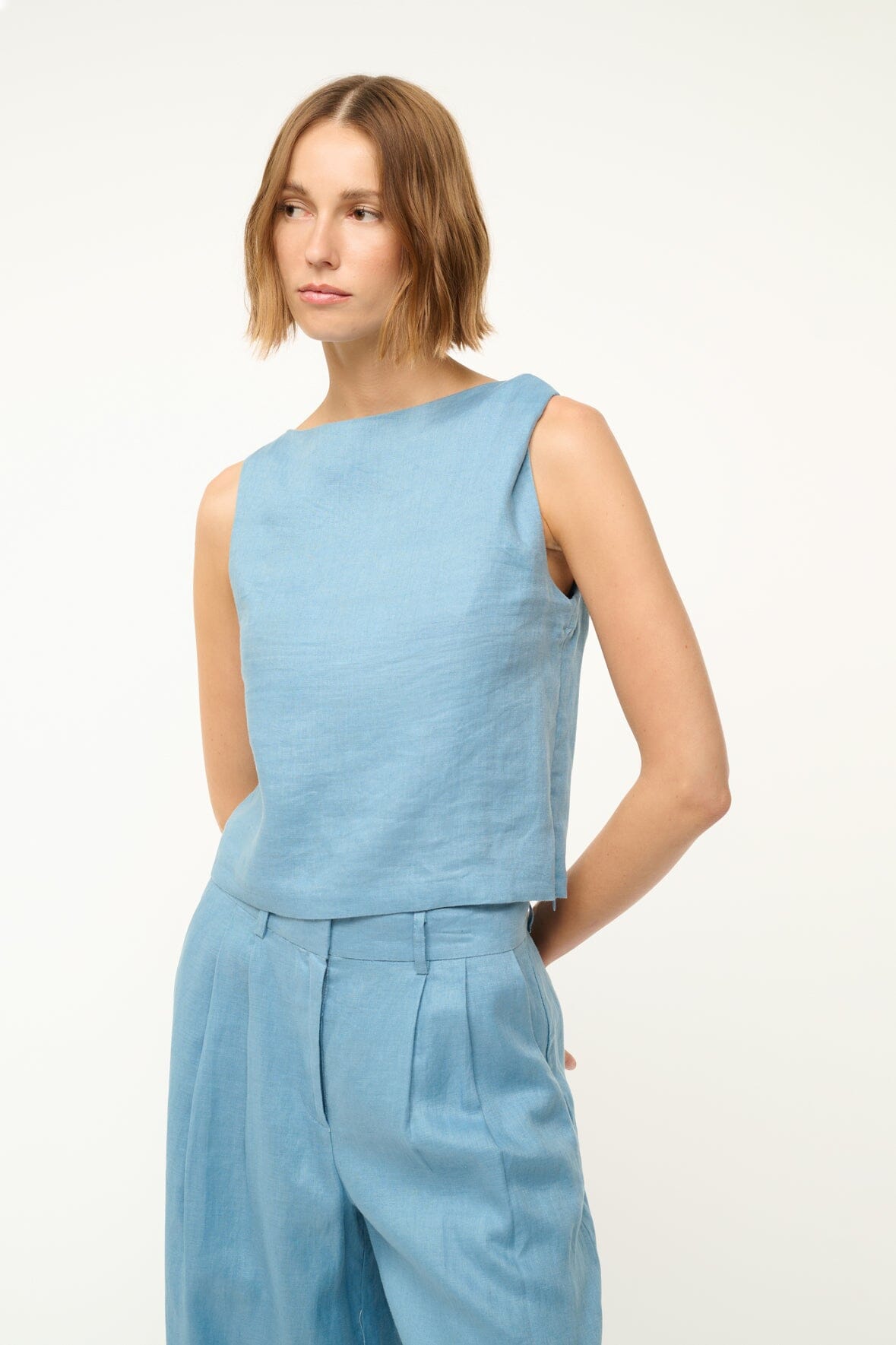 Boat Neck Linen Top with Shoulder Twist Detail | Slate Blue