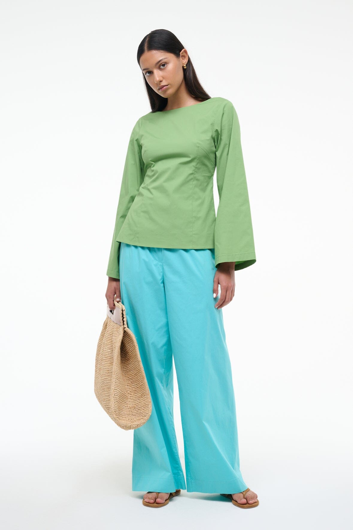 Wide Leg Cotton Poplin Pants with Elastic Waistband | Bonfire Teal