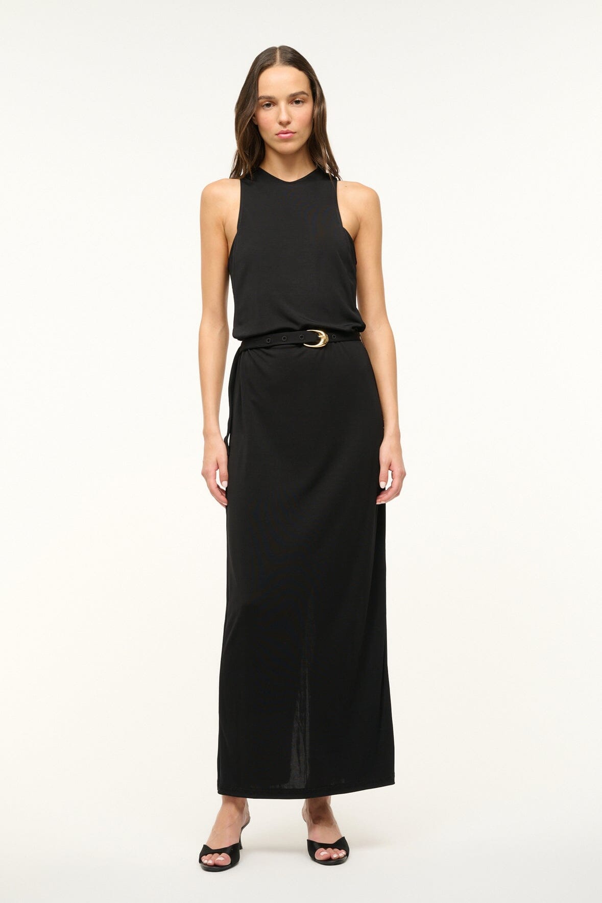 Black Maxi Dress with High Neckline & Waist Belt | Brandy