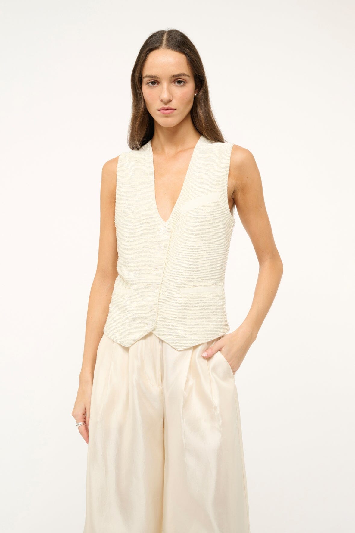 Beaded Cotton Linen Vest with Back Ties | Brett Ivory