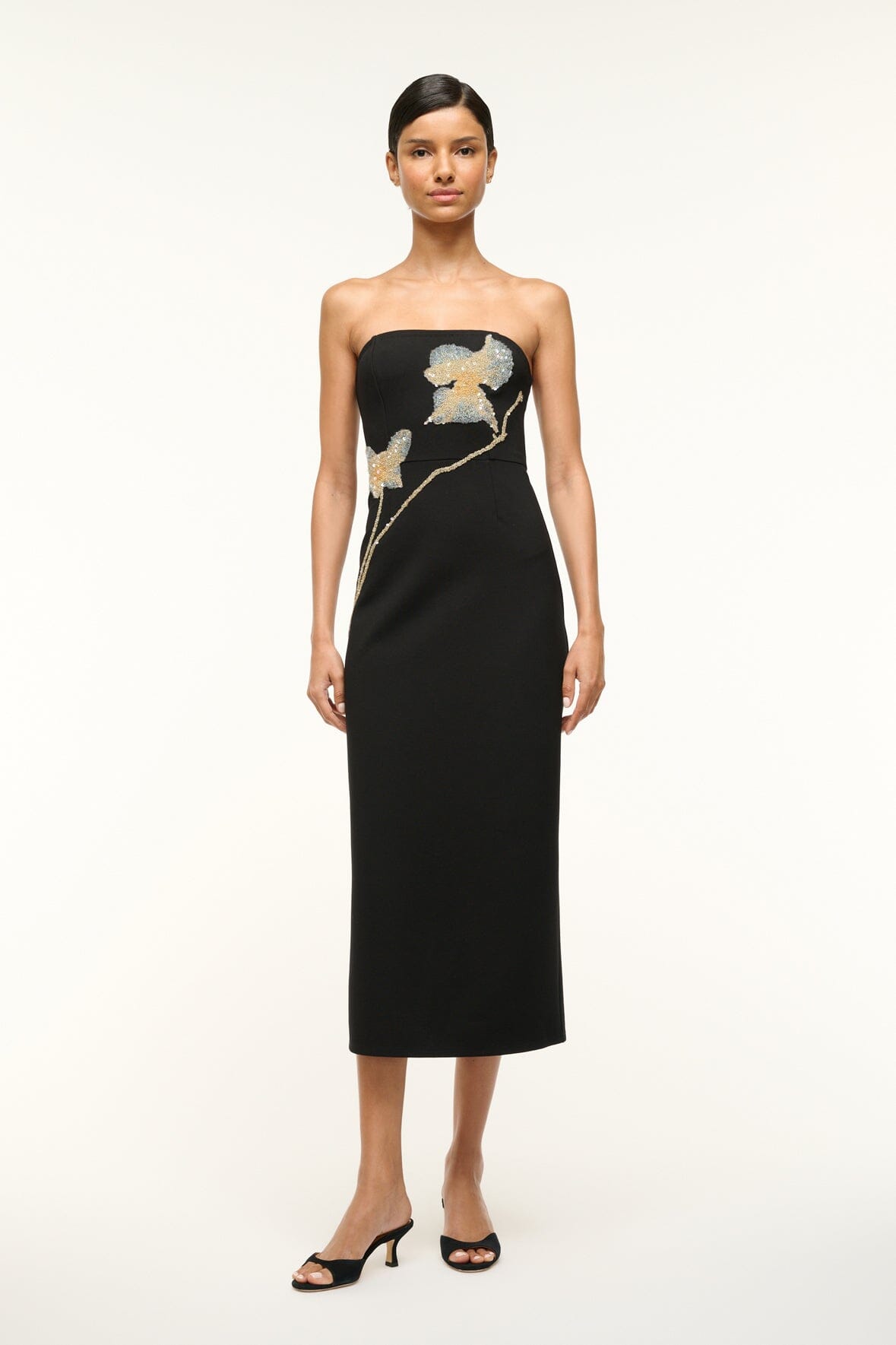 Strapless Midi Dress with Hand-Beaded Floral Detail | Botanical Shadows