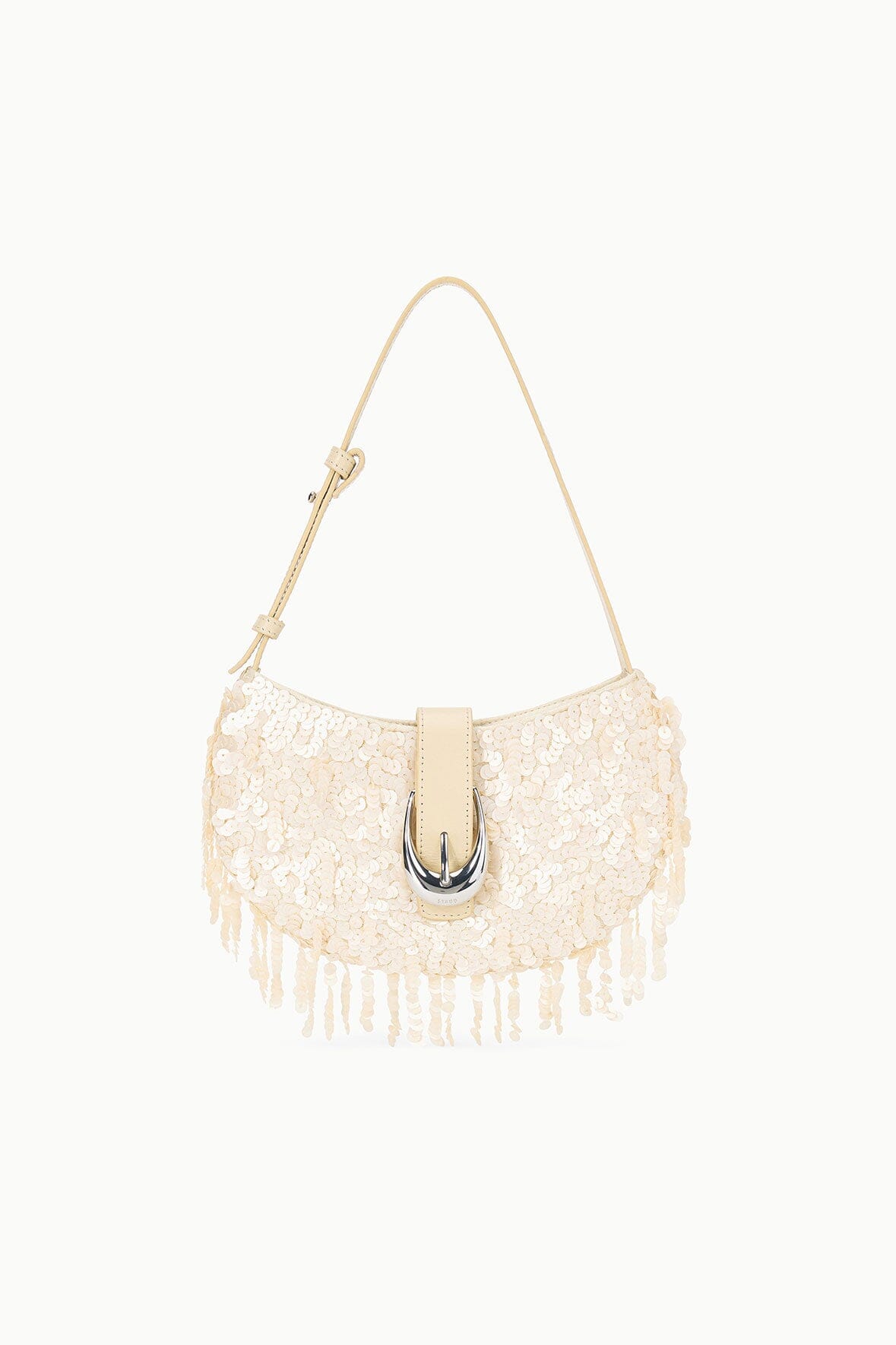 Beaded Crescent Bag with Fringe Trim & Adjustable Strap | Alana Cream
