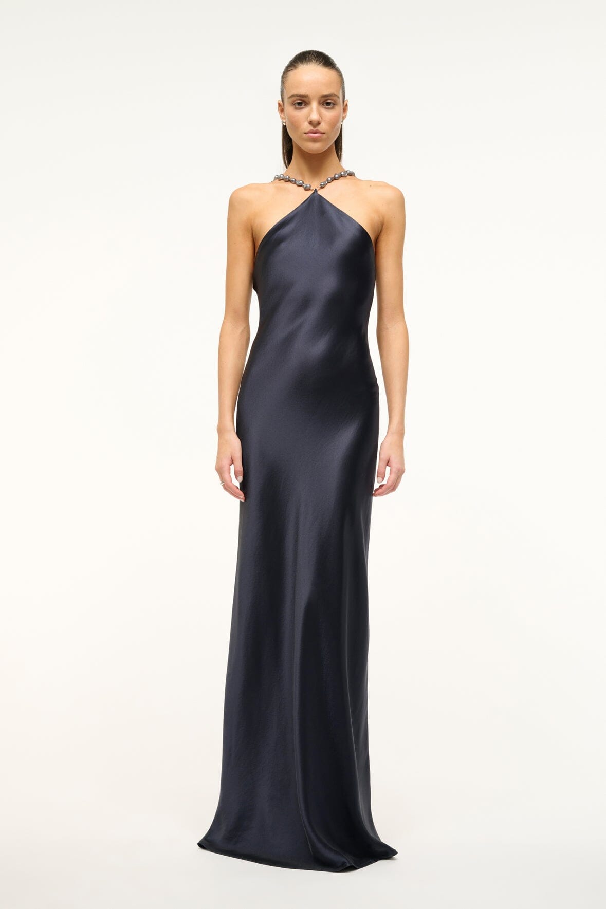 Floor Length Satin Slip Dress with Beaded Straps | Cadence Navy