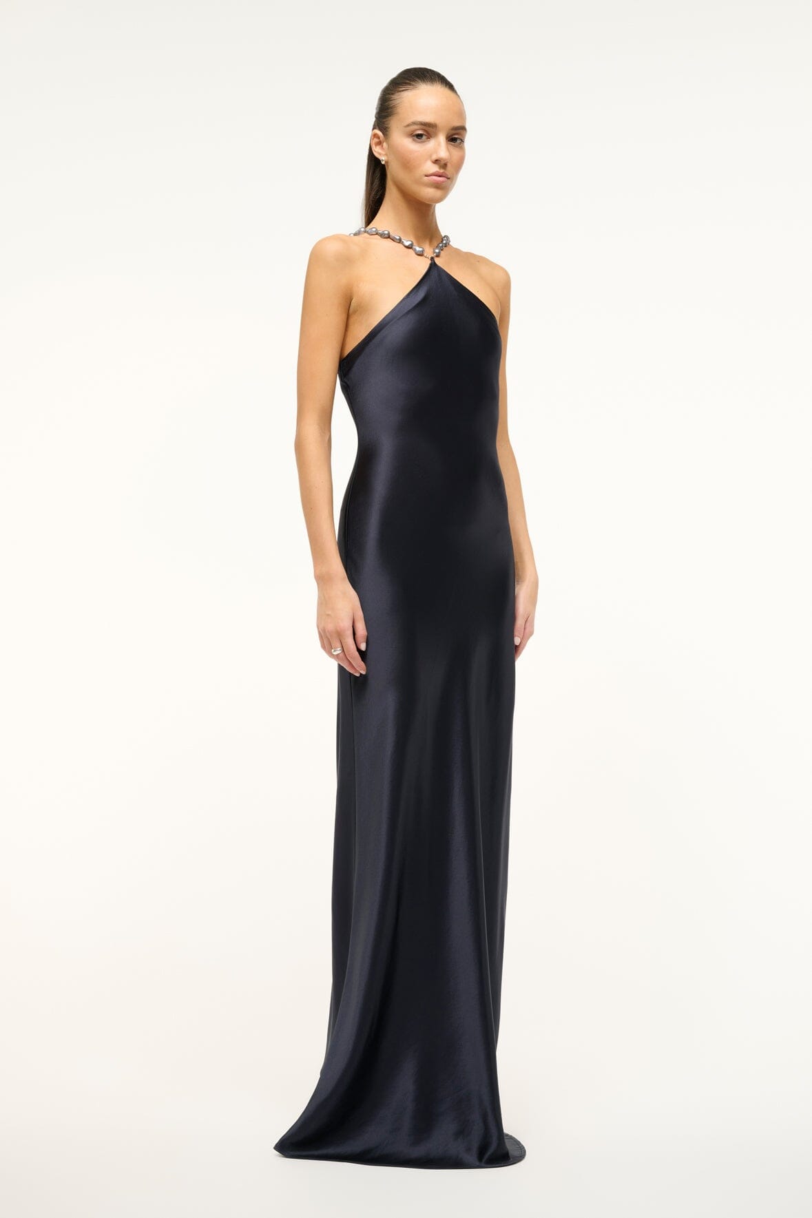 Floor Length Satin Slip Dress with Beaded Straps | Cadence Navy