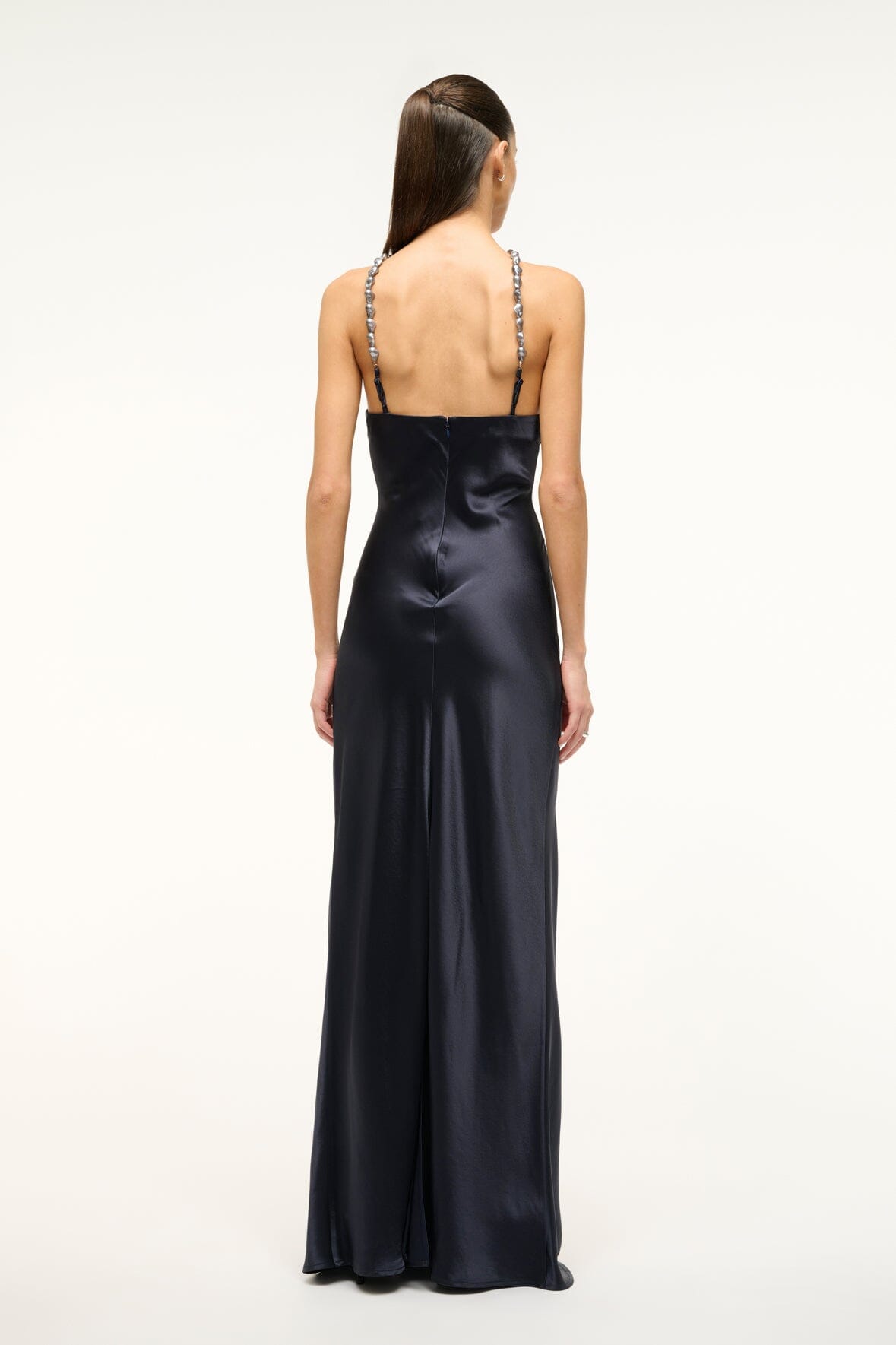 Floor Length Satin Slip Dress with Beaded Straps | Cadence Navy