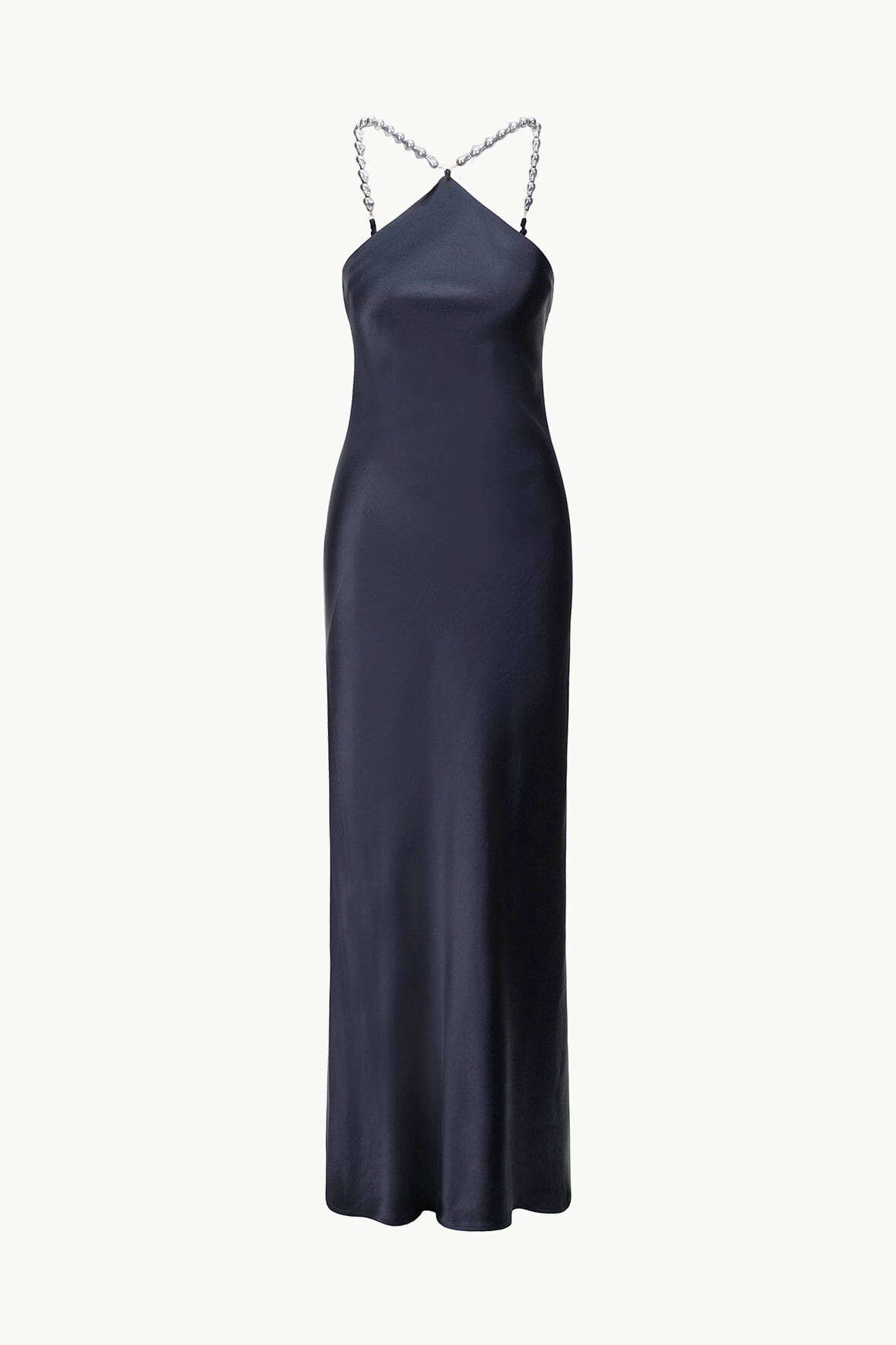 Floor Length Satin Slip Dress with Beaded Straps | Cadence Navy