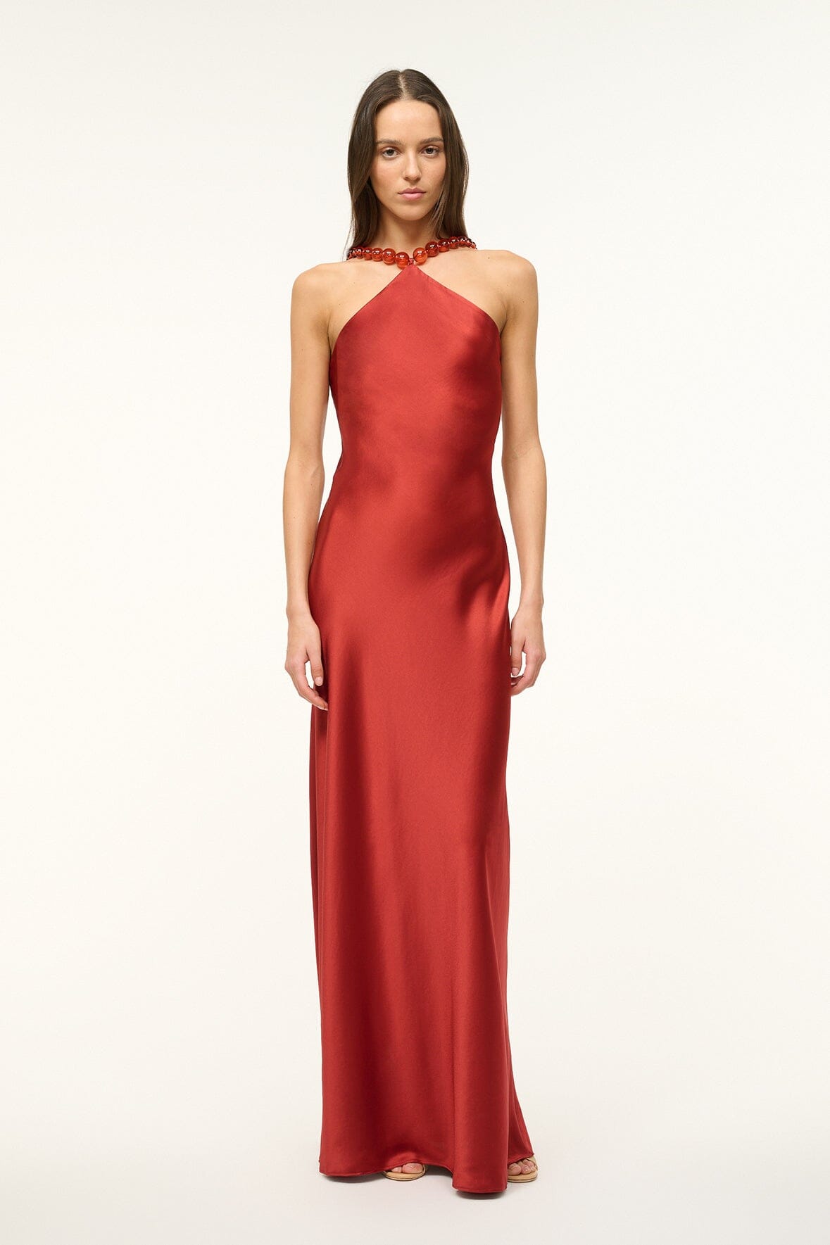 Floor Length Satin Slip Dress with Beaded Straps | Cadence Dress Rust