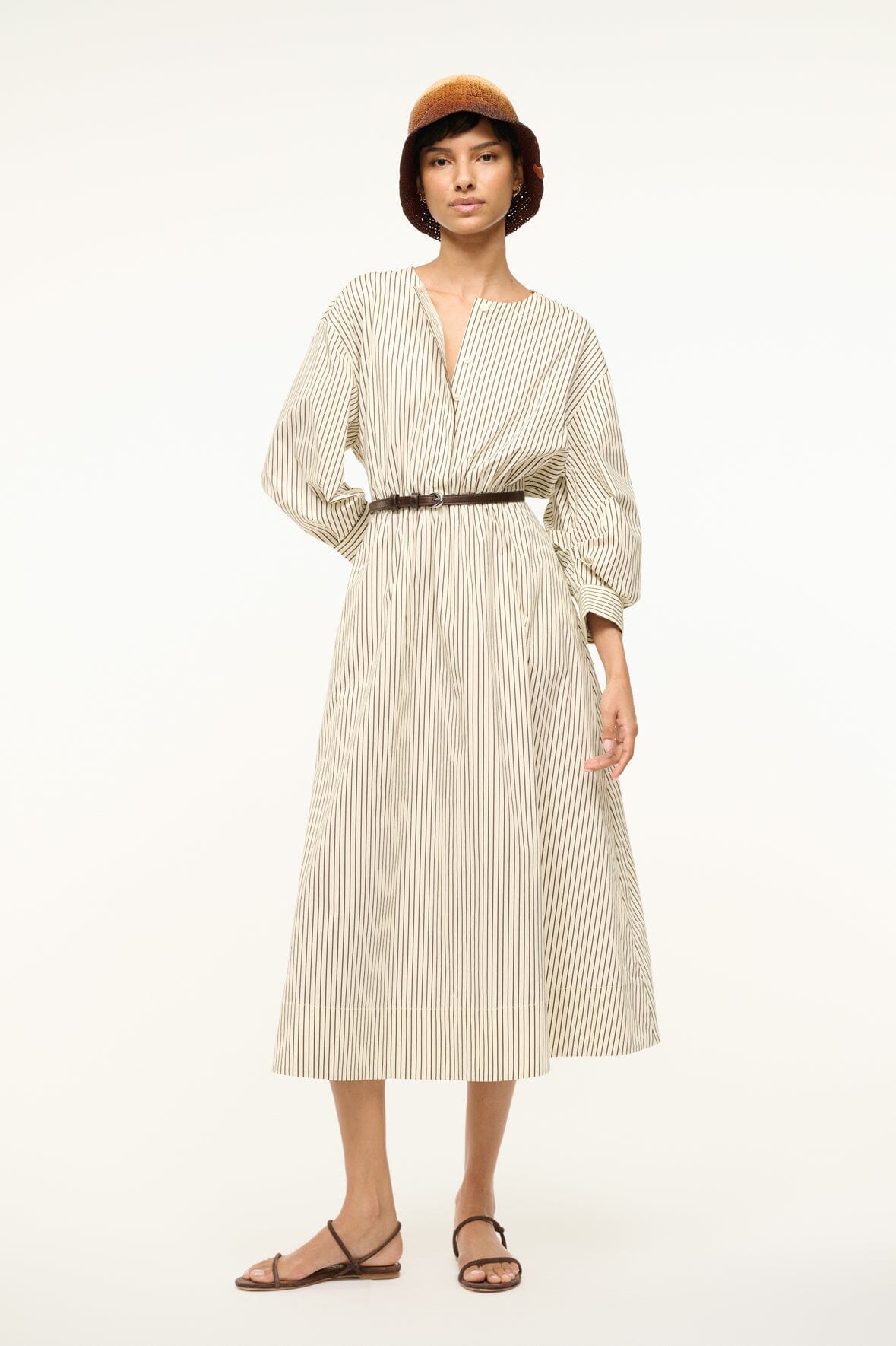 Button-Front Midi Dress with Fitted Waist | Cafu Ivory Dark Oak