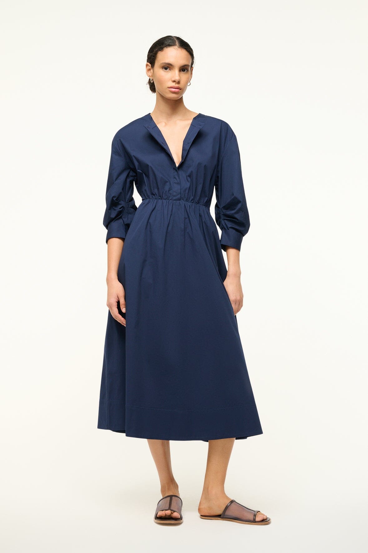 Midi Dress with Fitted Waist & A-Line Skirt | Cafu Navy