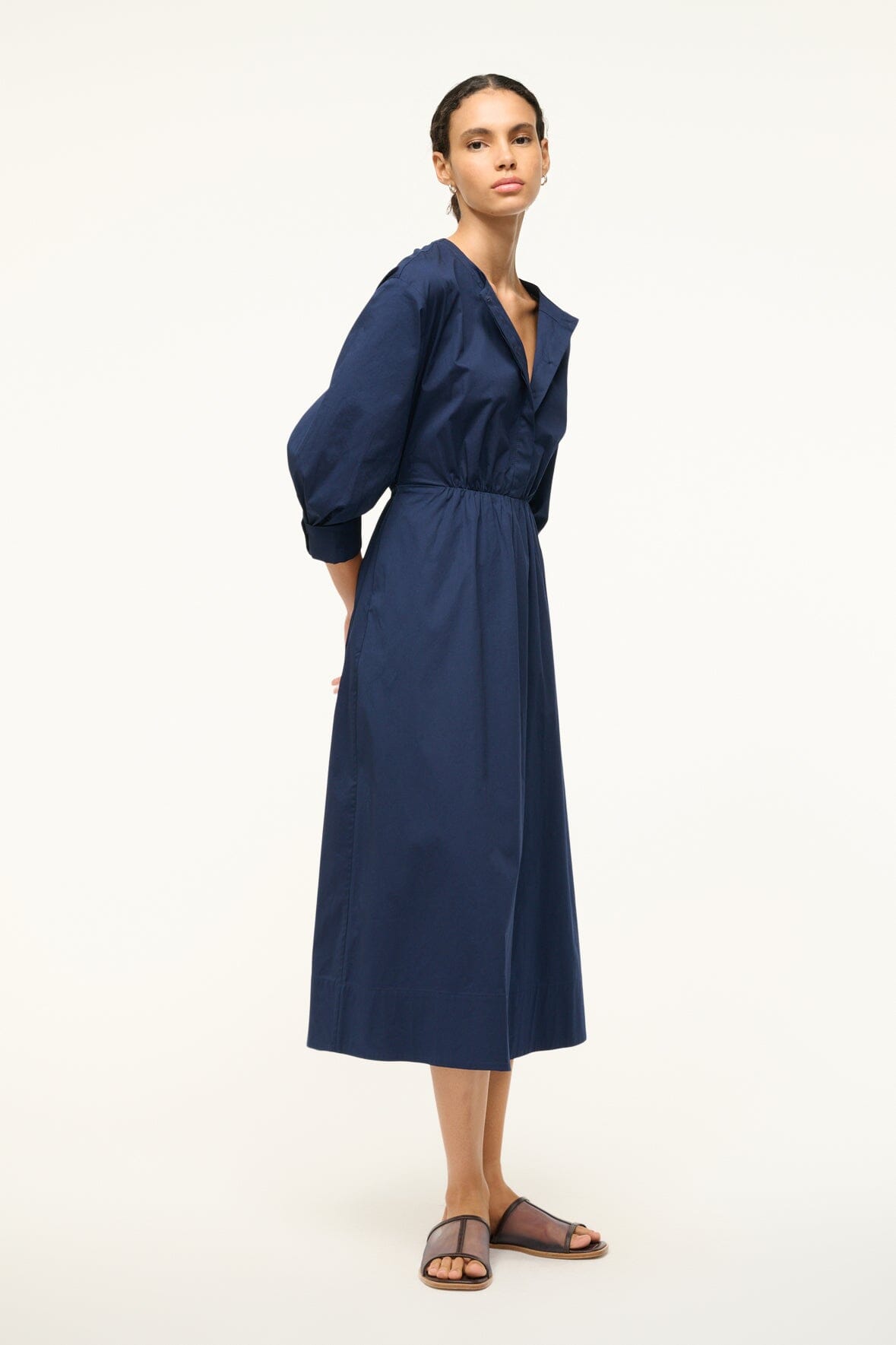 Midi Dress with Fitted Waist & A-Line Skirt | Cafu Navy
