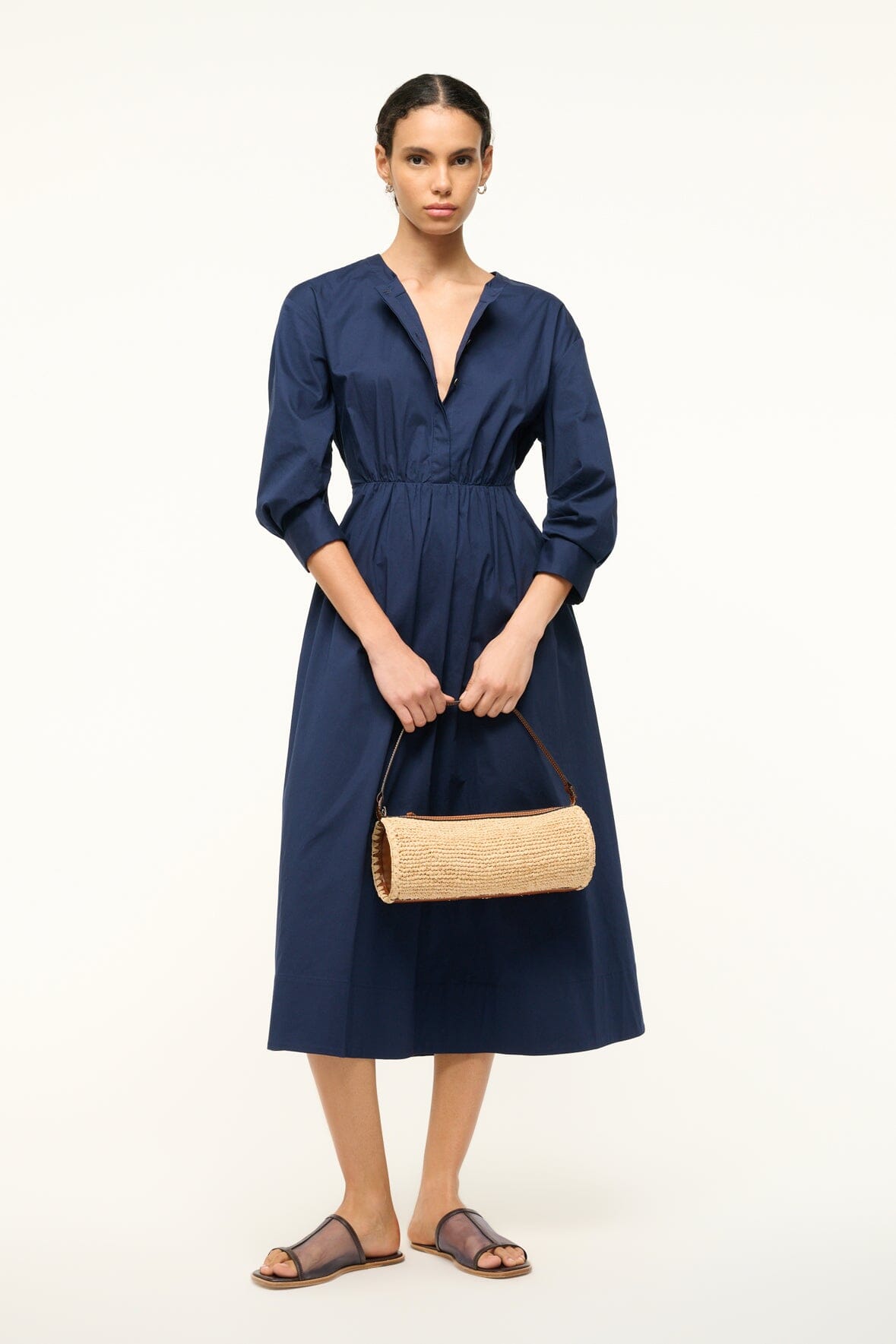 Midi Dress with Fitted Waist & A-Line Skirt | Cafu Navy