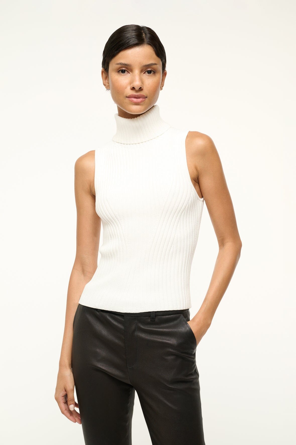 Rib Knit Sleeveless Turtleneck Top | Ivory | Callum