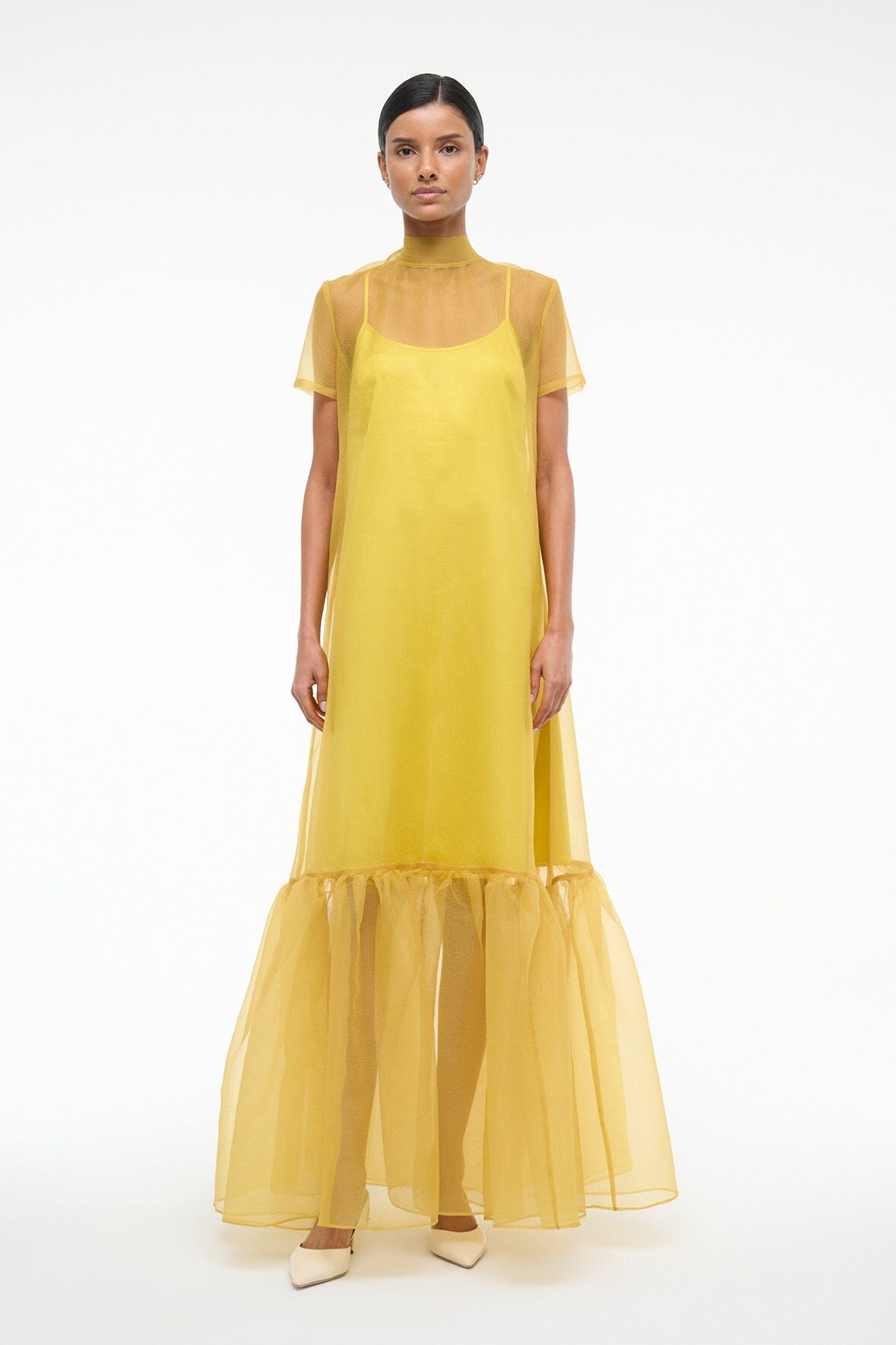 High Neck Organza Gown with Tiered Ruffle Hem | Calluna Dress