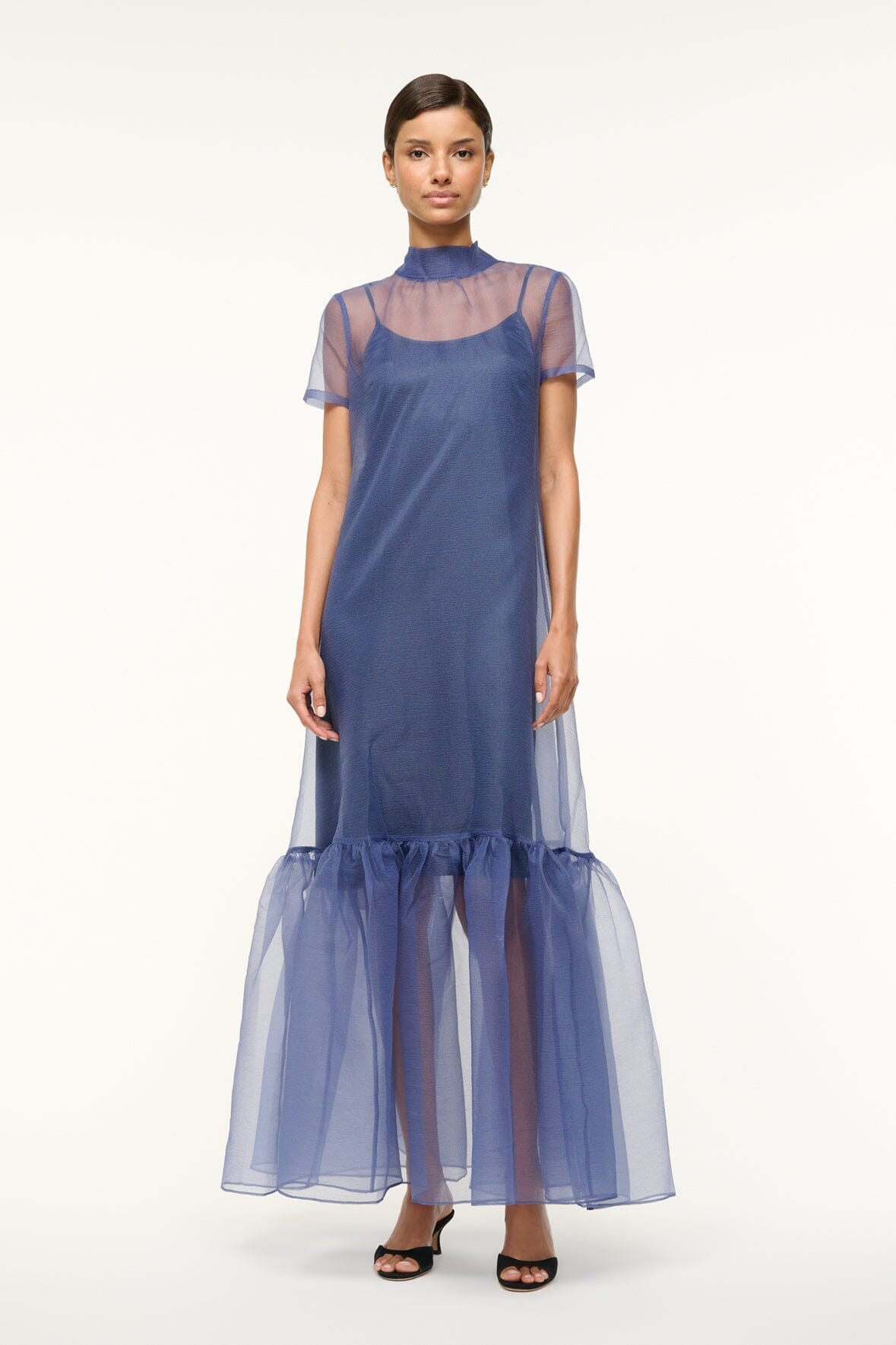 High Neck Organza Gown with Tiered Skirt | Calluna Dress Navy