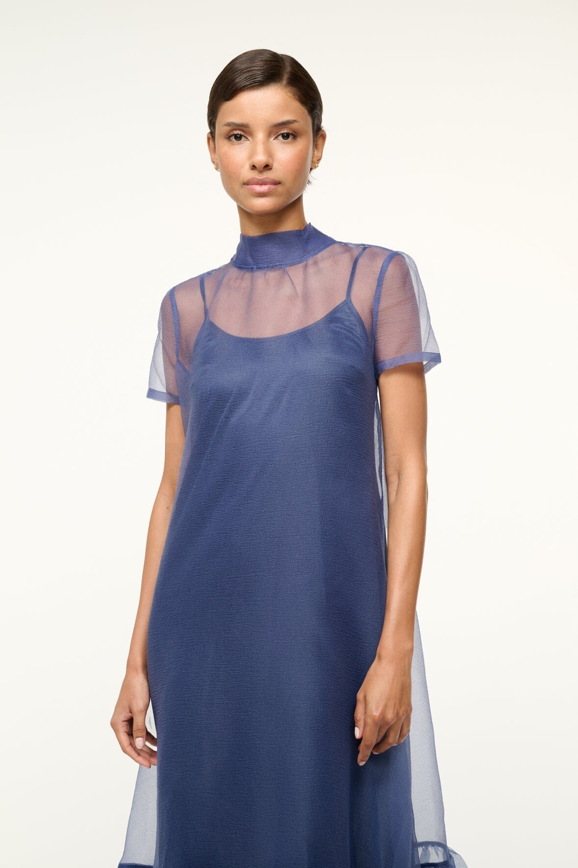 High Neck Organza Gown with Tiered Skirt | Calluna Dress Navy