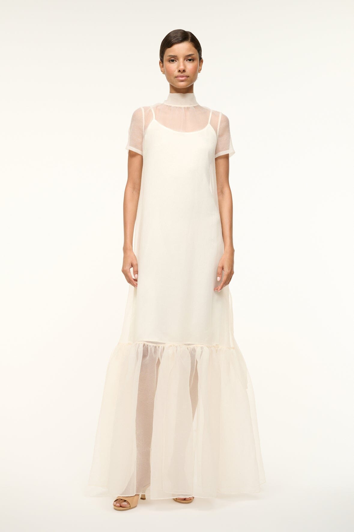 White Organza Gown with Scoop Back & Tiered Skirt | Calluna Dress