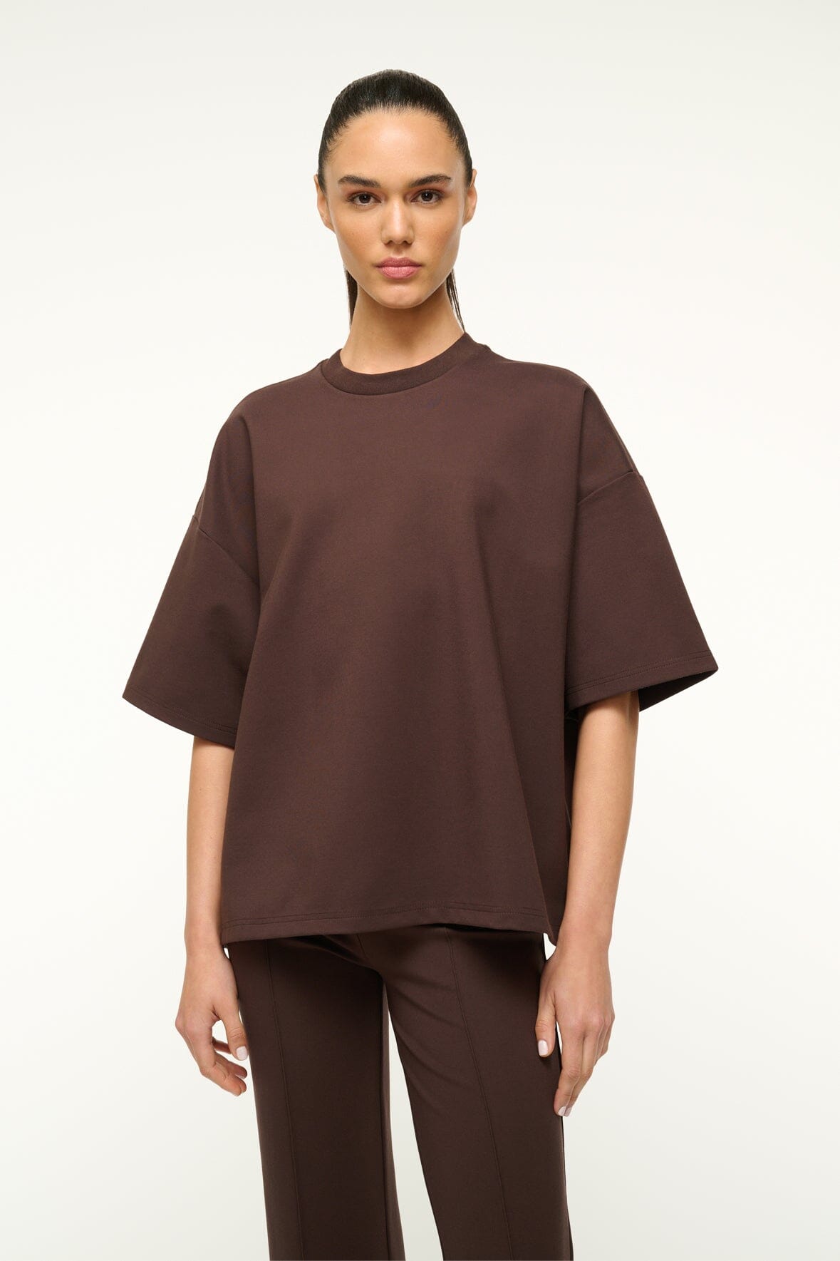 Oversized Ponte Crewneck Shirt with Rib Neck Trim | Dark Chocolate