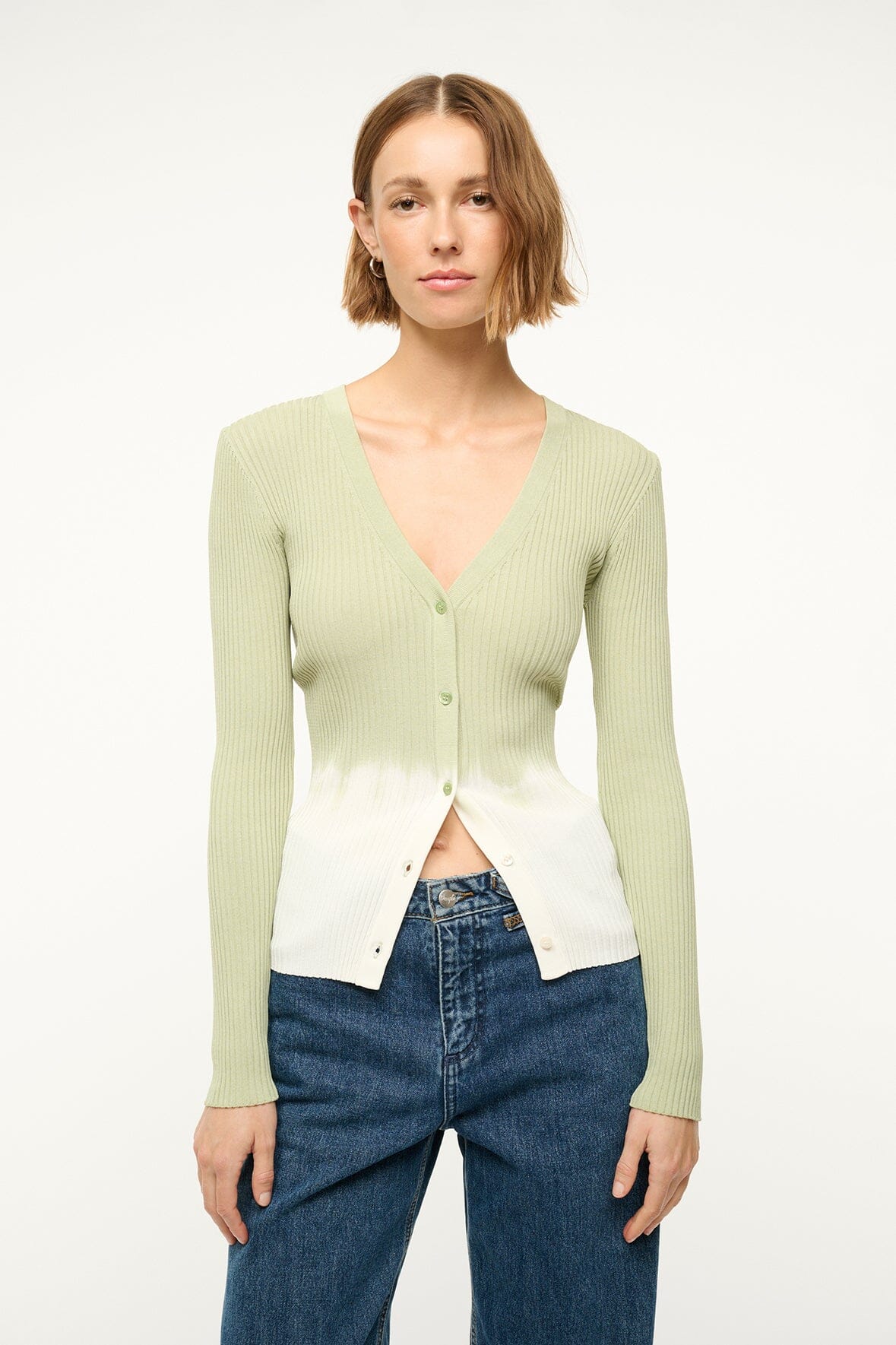 Pale Jade Tie Dye Cargo Sweater | Stretchy Rib Knit Cardigan