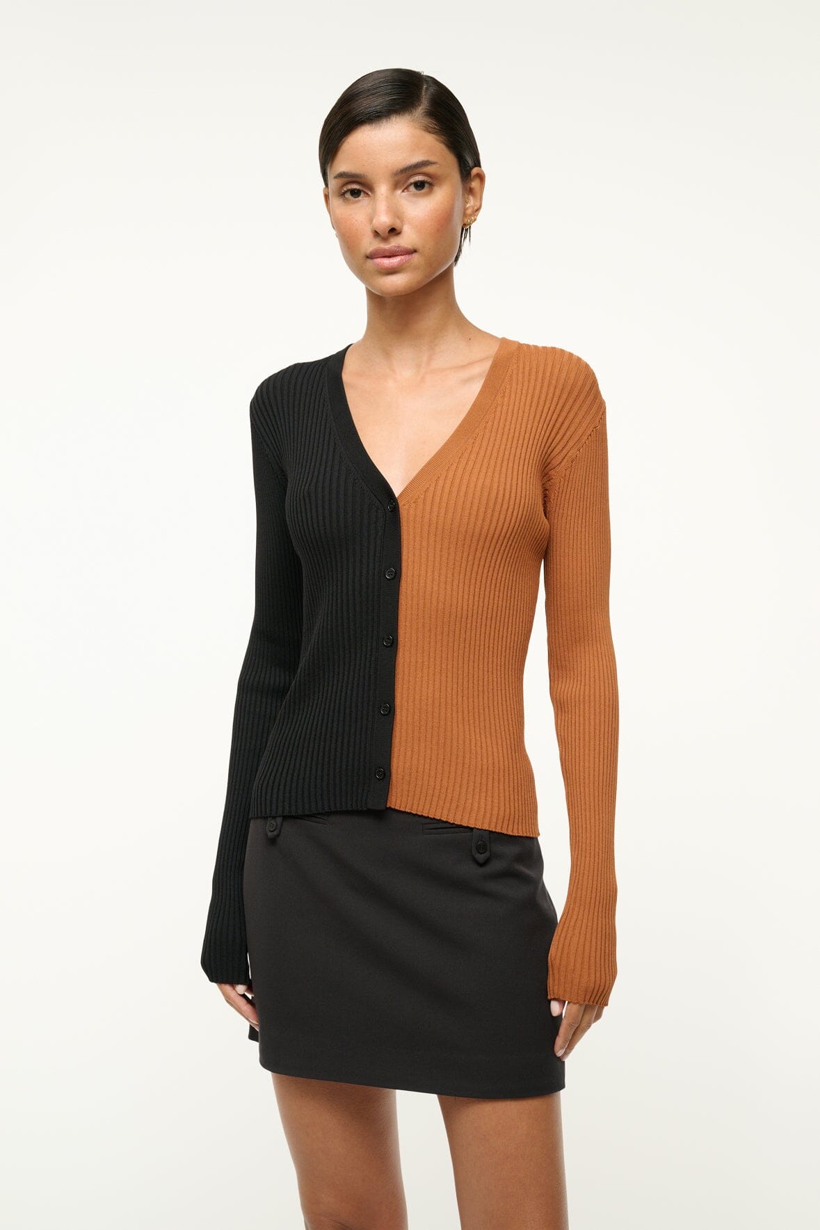 Classic Cargo Sweater Cardigan | Stretchy Rib Knit | Tan Black