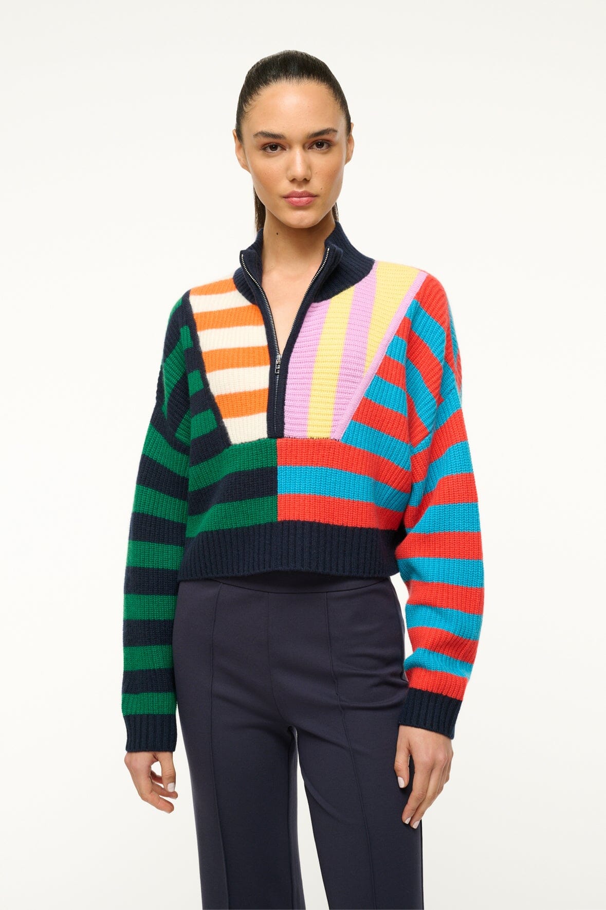Cashmere Cropped Sweater with Half-Zip | Cabana Stripe Multi
